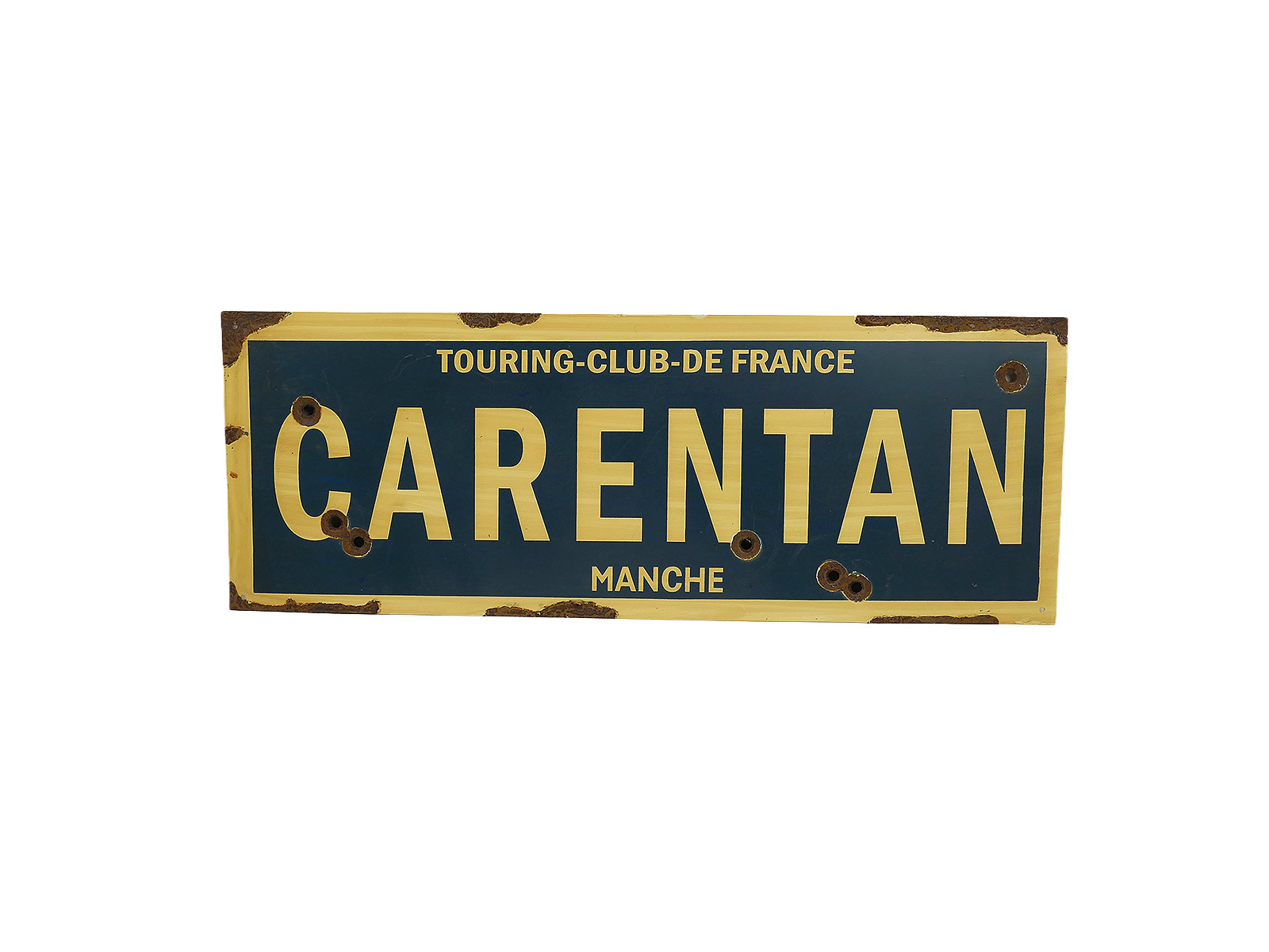 Vintage metal/sheet metal sign "CARENTAN" Normandy with bullet holes, 84x31cm, BATTLEFIELD WORN