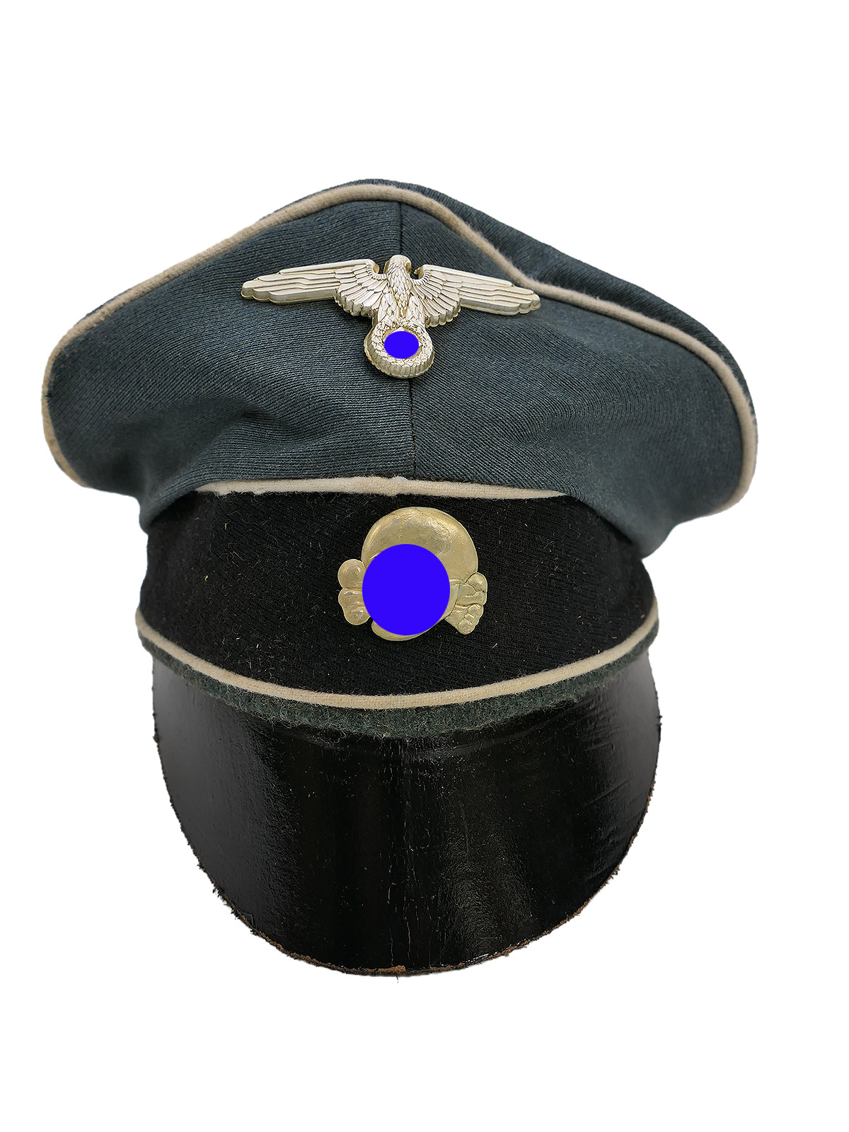 Waffen-SS infantry cap, ‘Crusher Cap’, gabardine with metal detailing, knapsack, crumpled cap, BATTLE WORN