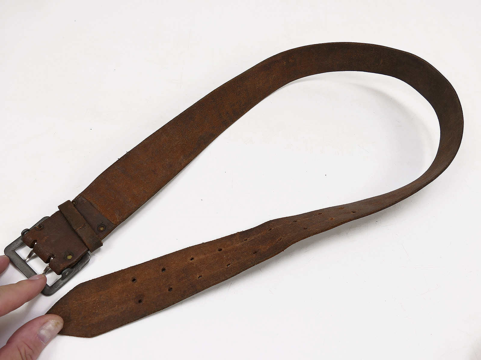 Antique officer’s double-pronged belt, brown, 45mm, leather belt, brown, total length 106cm, BATTLE WORN