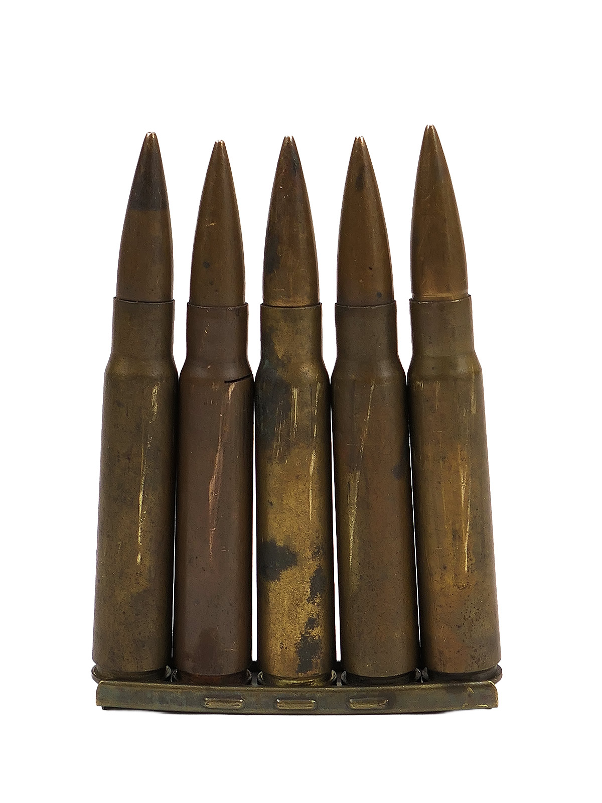 Single item: 1x loading strip with 5x 8x57 cartridges for the K98 carbine – decorative ammunition, original Wehrmacht