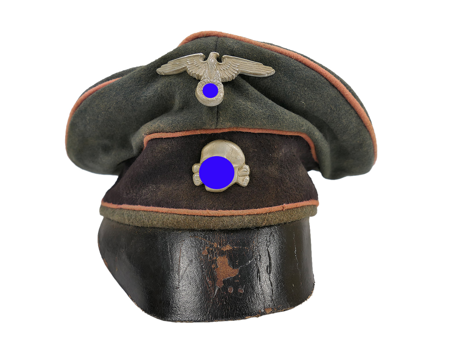 Waffen SS peaked cap, tank, tank destroyer, ‘Crusher’ cap, old style, size 57, with metal detailing, knapsack, flat cap 