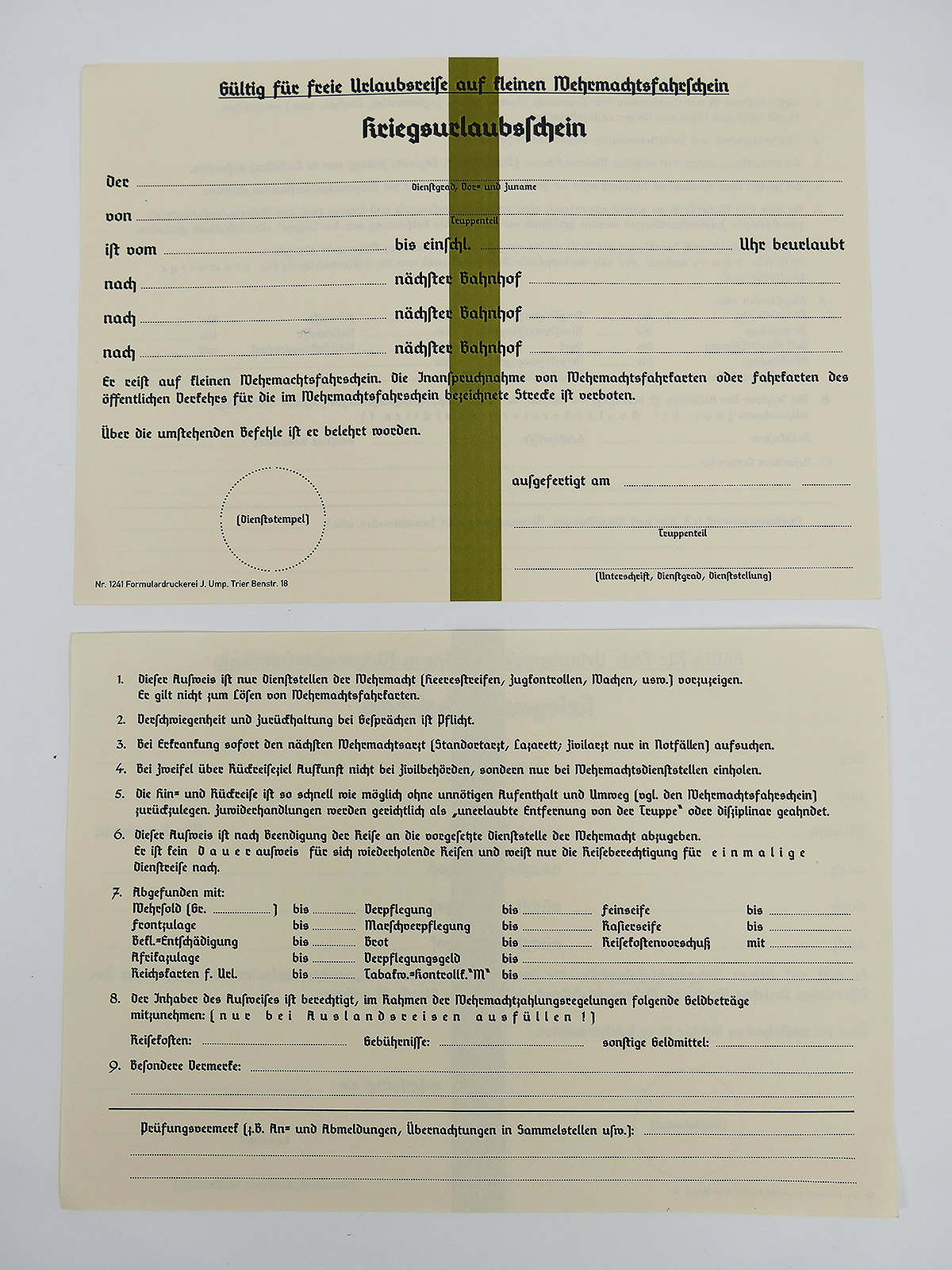 Form "Kriegsurlaubsschein" vacation certificate free vacation trip small Wehrmacht ticket