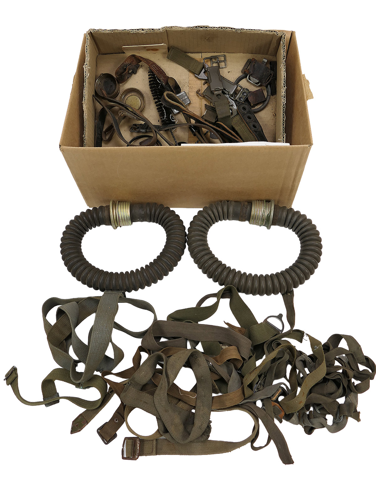 Militaria Craft Box Assortment: Gas Mask Straps, Parts, Filter Hose, Spare Parts – VIEW