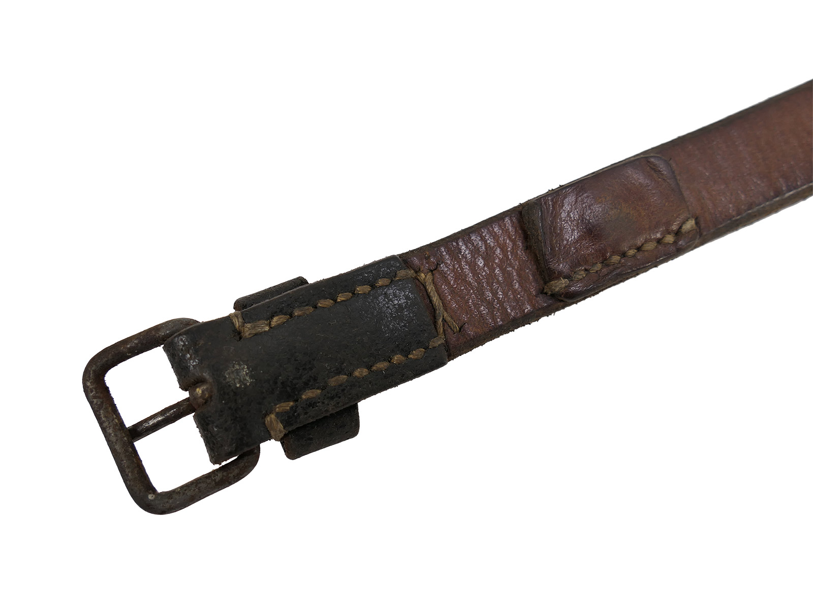 #1/ Wehrmacht knapsack strap – leather strap made from tent fabric, dated 1943 – COLLECTION BATTLE WORN