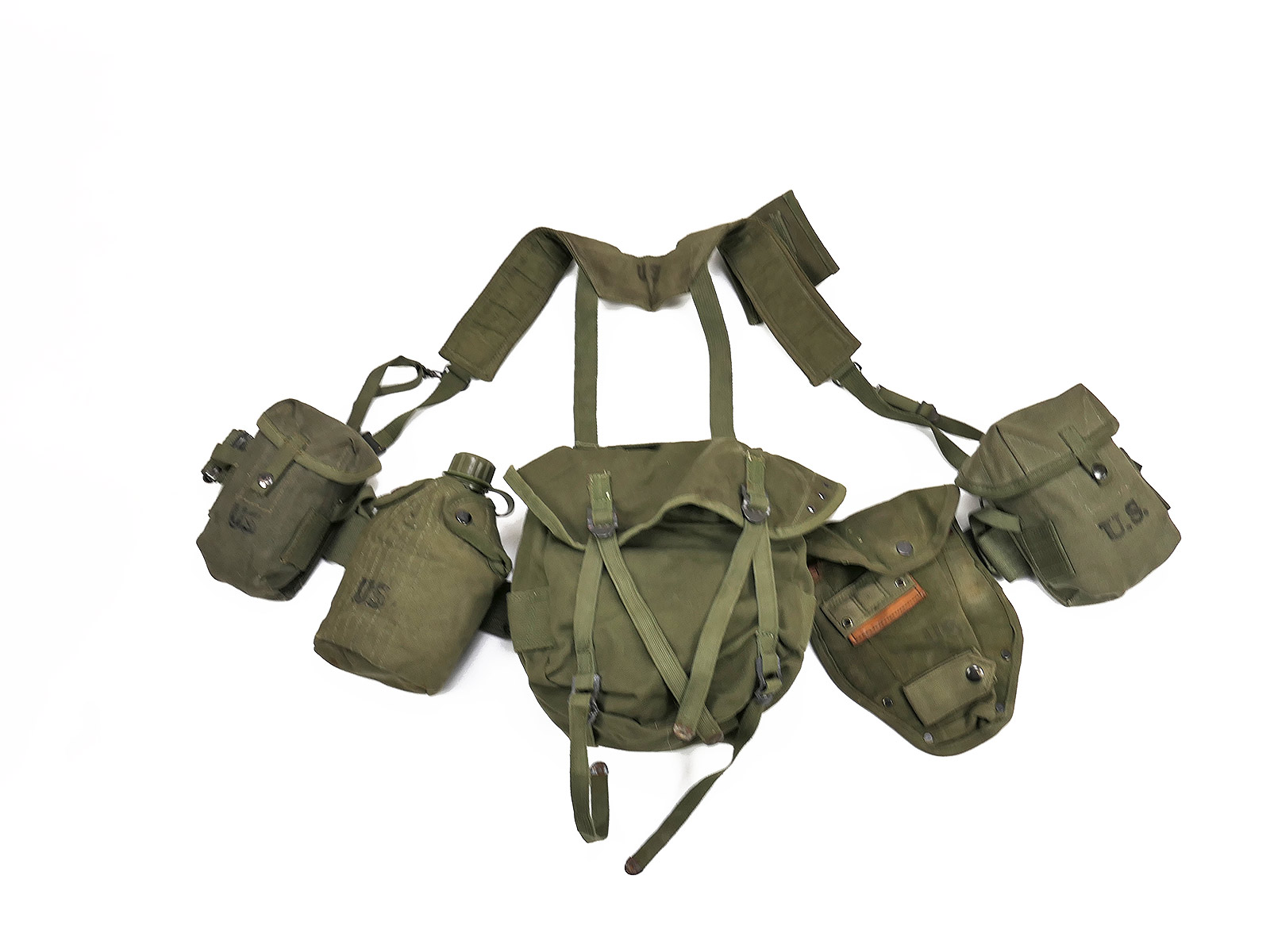 Type M-1956 Webbing US Army Vietnam Assault Kit – Butt Pack, Pistol Belt, Suspenders, Canteen, Magazine Pouches VIEW