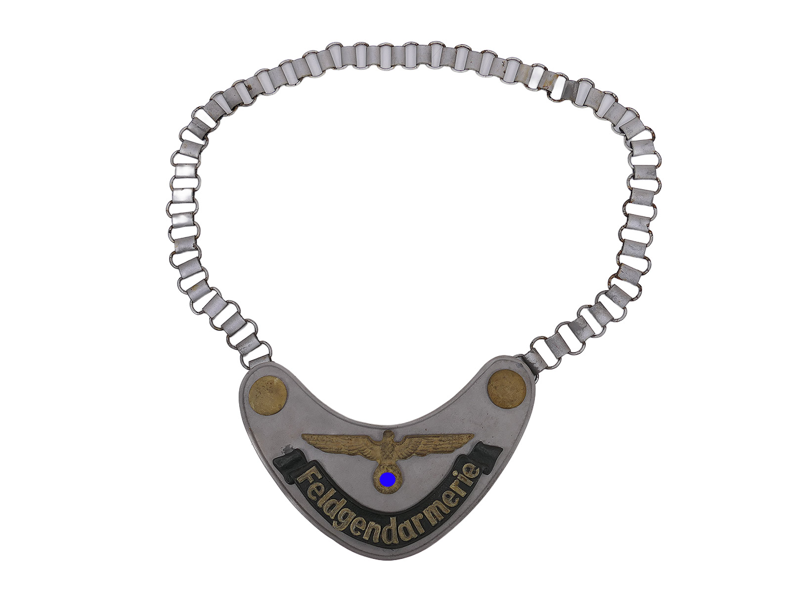 Wehrmacht ring-collar field gendarmerie collar badge (Army) with chain, from a collection being wound up