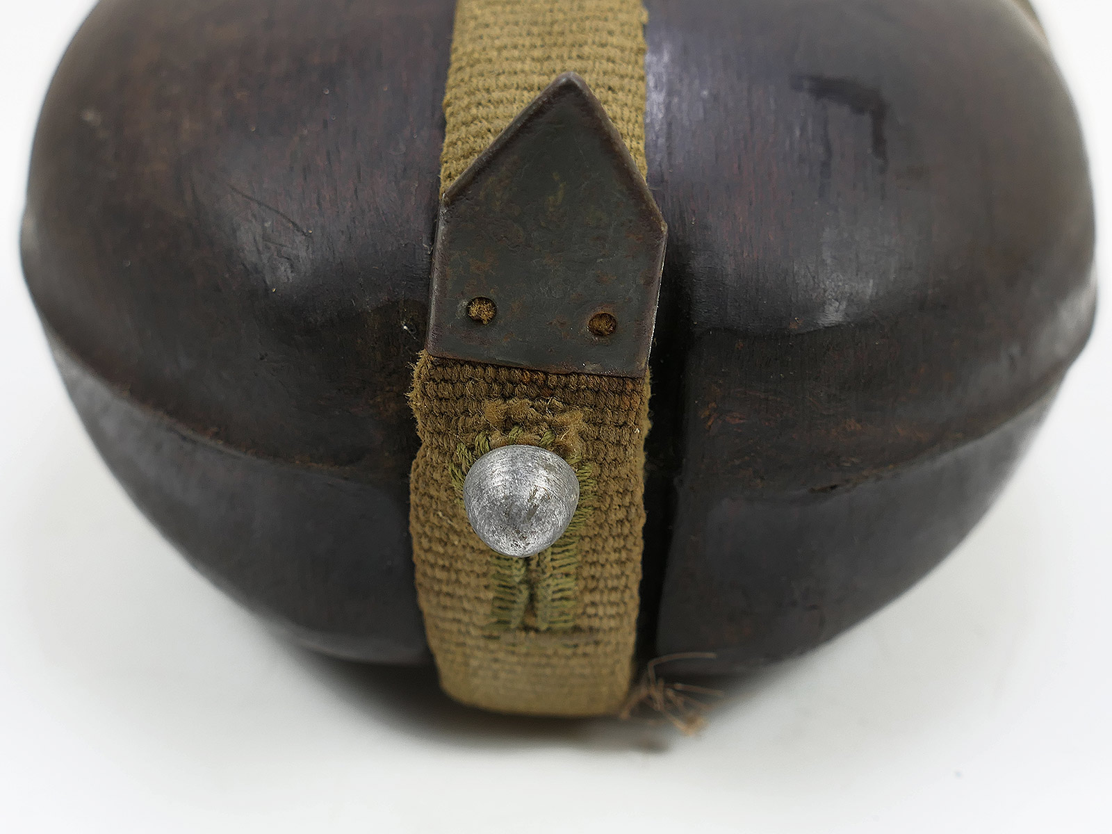Wehrmacht DAK Afrika Korps coconut-shell field canteen, tropical, H.R.E.42, with cup – COLLECTION, BATTLE-WORN