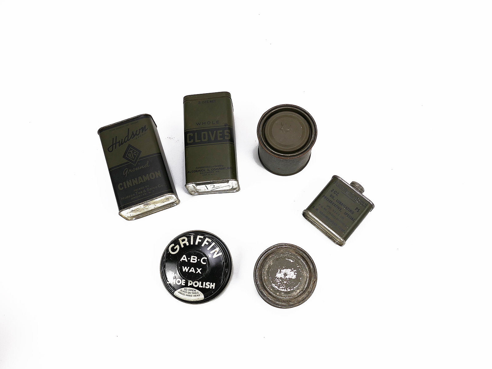 US Army Convolute 6x tins Personal Shoe Polish Heater Cloves Lubricating Oil Cinnamon