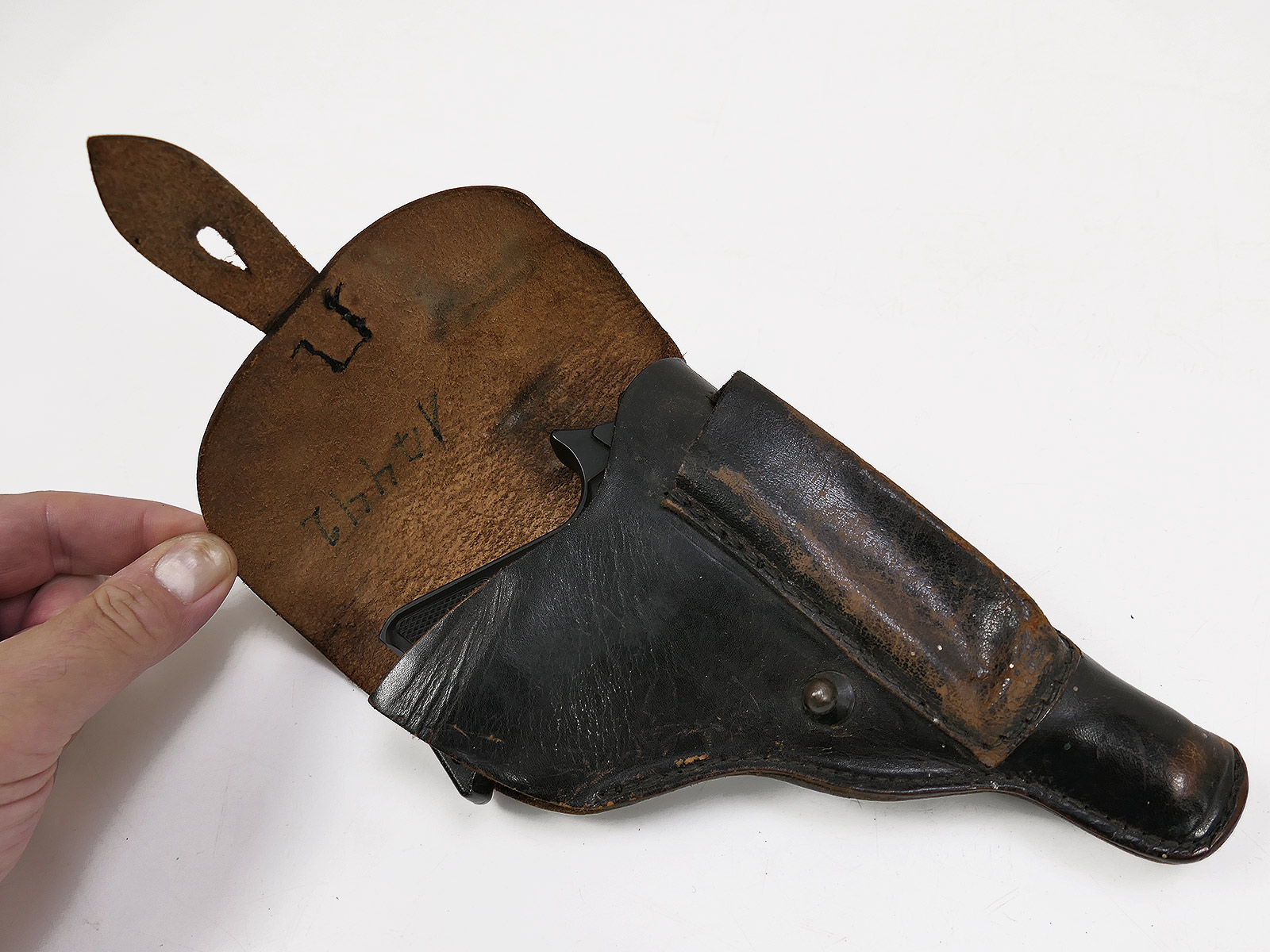 Police pistol holster for 7.65 calibre PPK short pistol with 6mm blowback pistol; holster is full but non-functional
