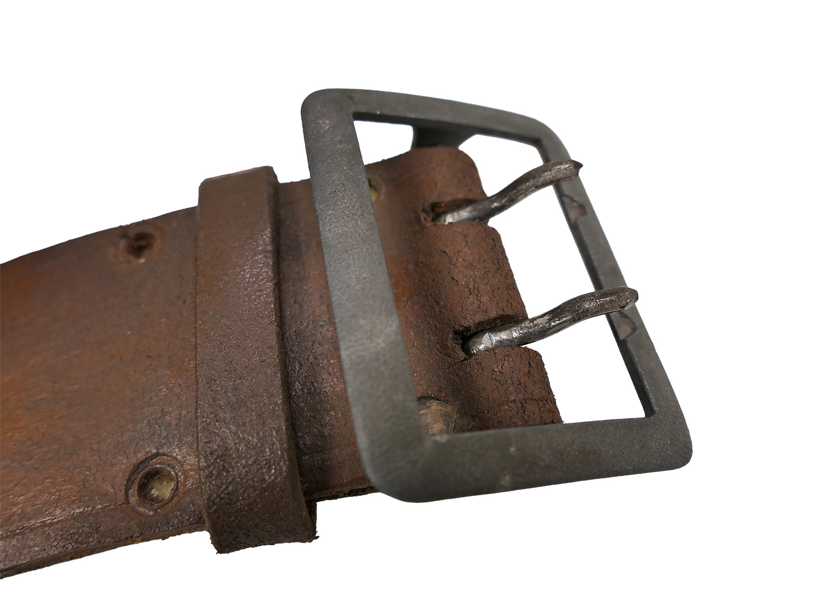 Antique officer’s double-pronged belt, brown, 45mm, leather belt, brown, total length 106cm, BATTLE WORN