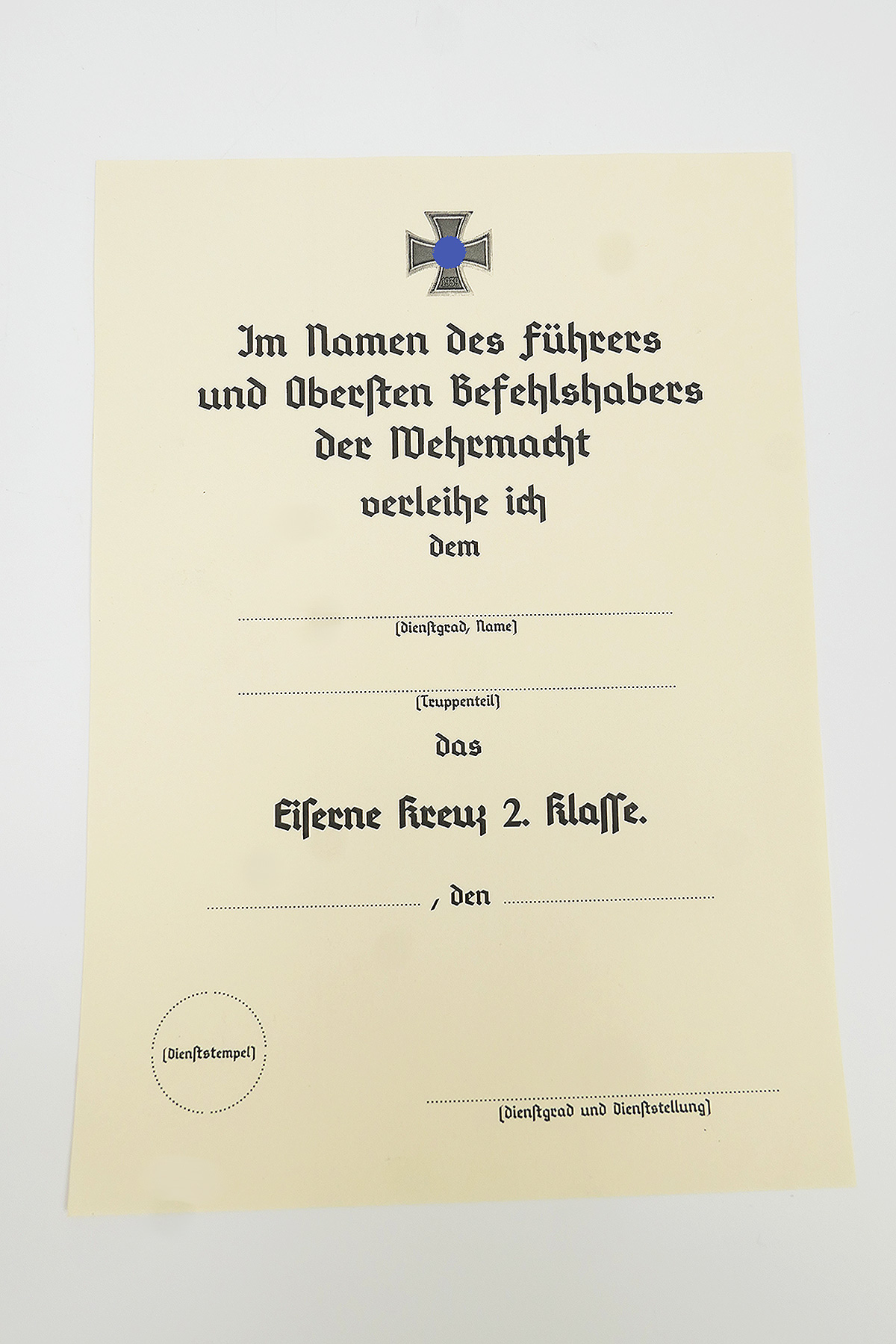 Award certificate Iron Cross 2nd class