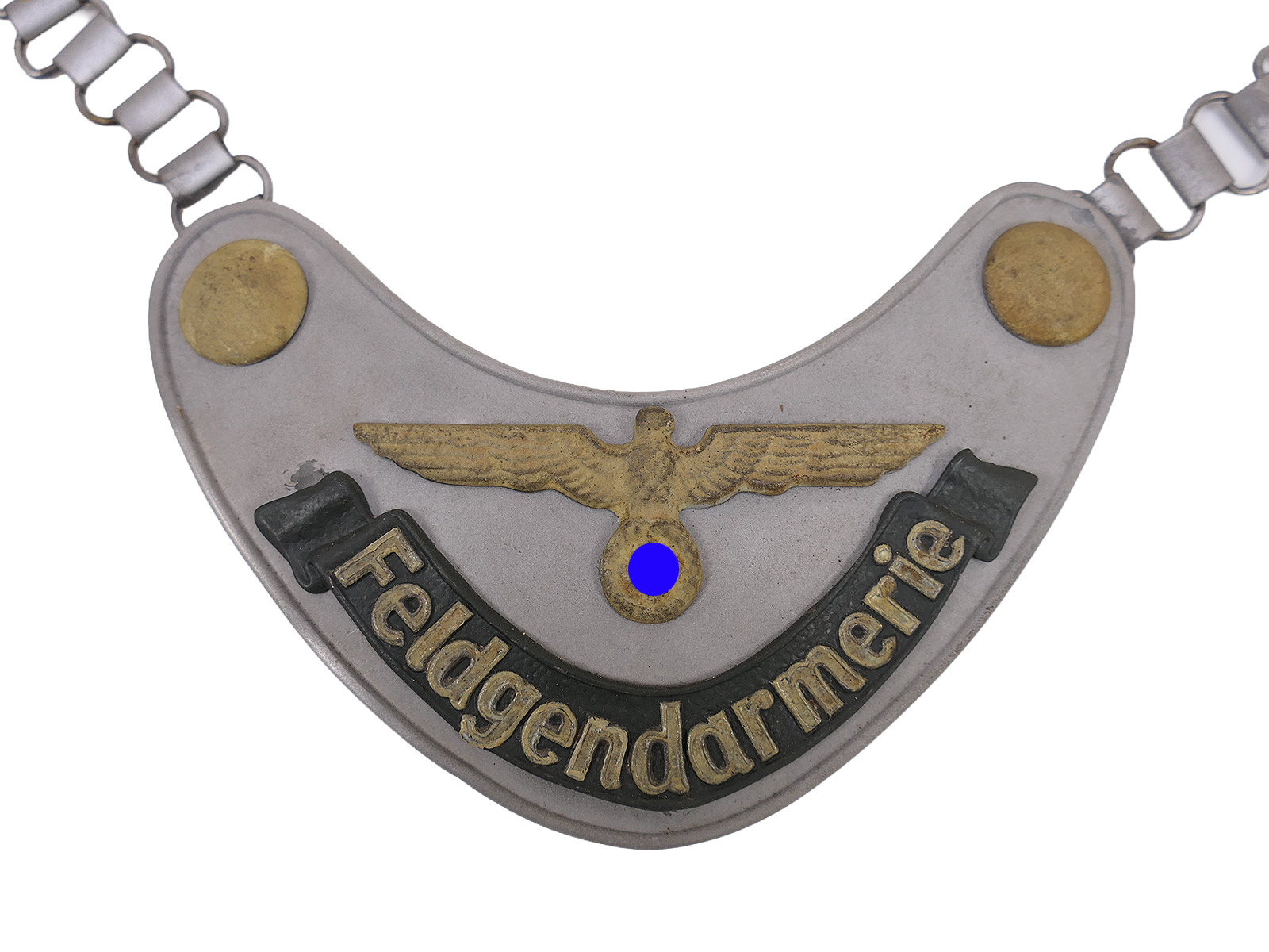 Wehrmacht ring-collar field gendarmerie collar badge (Army) with chain, from a collection being wound up