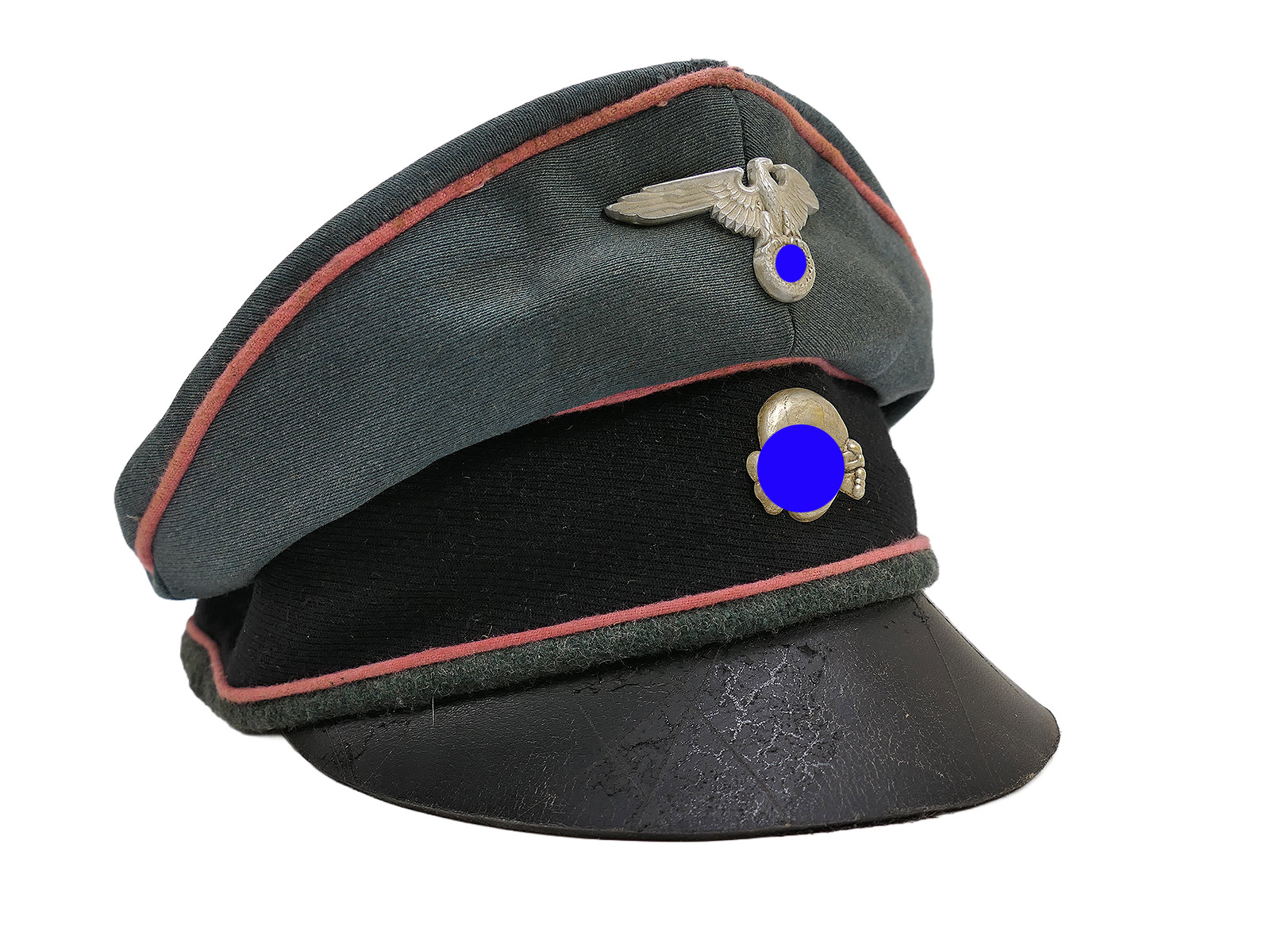 Waffen SS peaked cap, tank, anti-tank gun, Crusher Cap, old style, size 58, knapsack, flat cap – COLLECTION, BATTLE-WORN