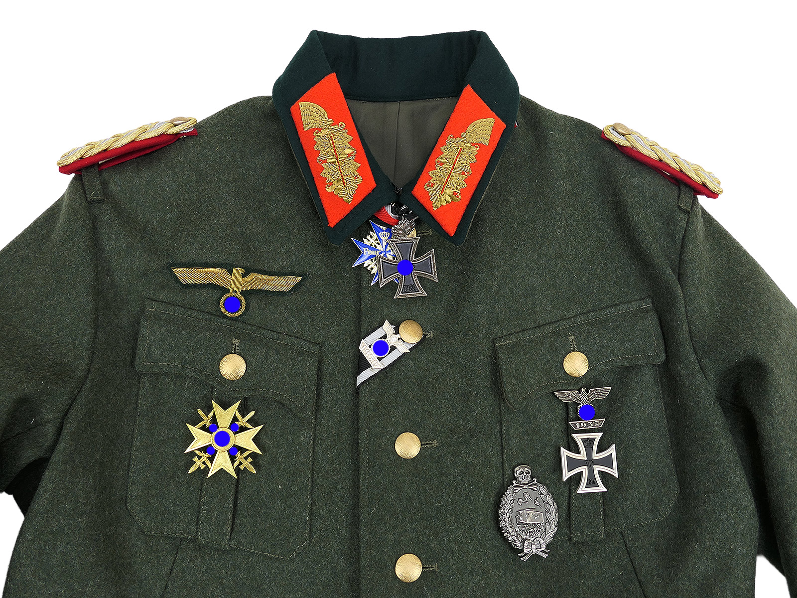 Wehrmacht M36 uniform field tunic, General’s Grade 54, with Knight’s Cross of the Pour le Mérite and the Spain Cross, worn