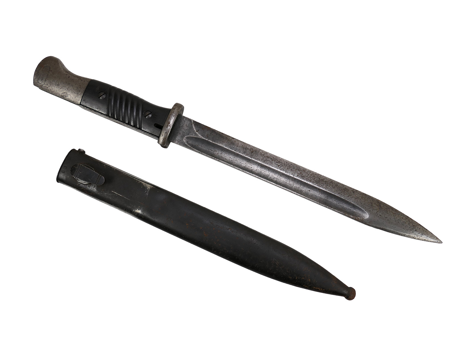 Wehrmacht M84/98 bayonet by Jos Corts, 1940 K98 carbine / fixed bayonet with scabbard, BATTLE-WORN