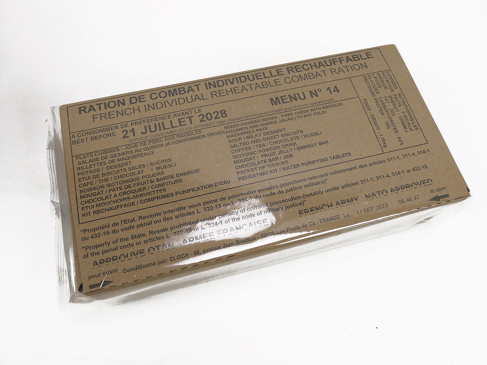French ARMY EPA MRE 1x Combat Ration MEAL BOX Menu "14" PORC Reheatable ravioli 24h