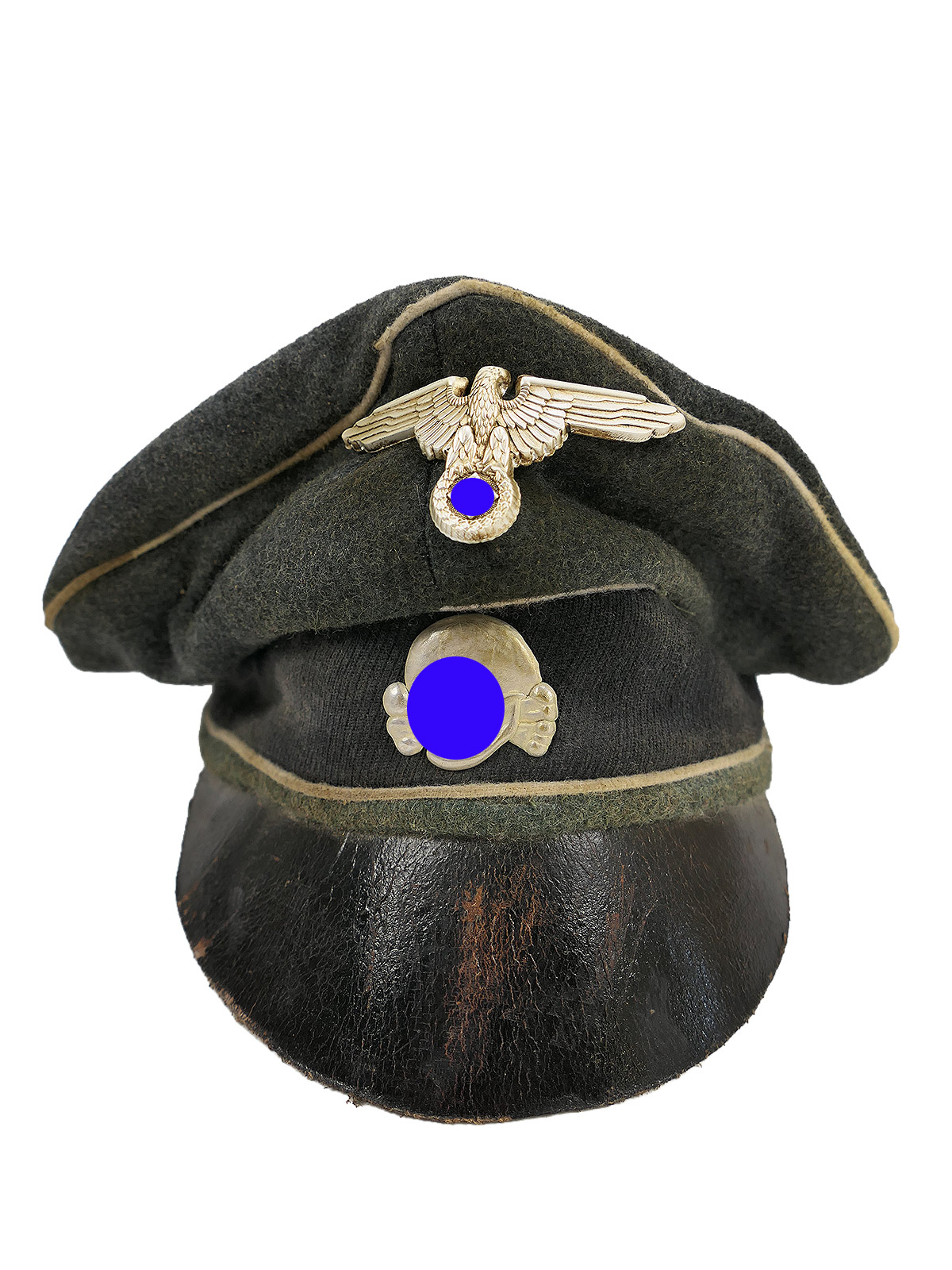Waffen SS infantry cap ‘Crusher’ with metal detailing, knapsack, flat cap – BATTLE WORN
