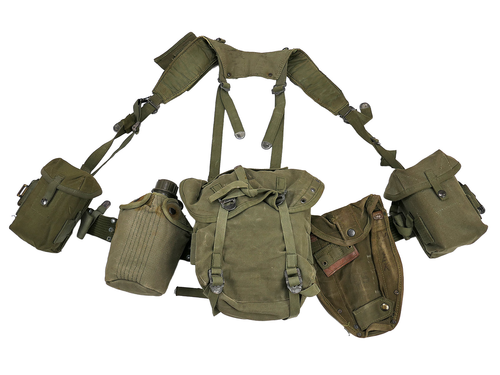 Type M-1956 Webbing US Army Vietnam Assault Kit – Butt Pack, Pistol Belt, Suspenders, Canteen, Magazine Pouches VIEW
