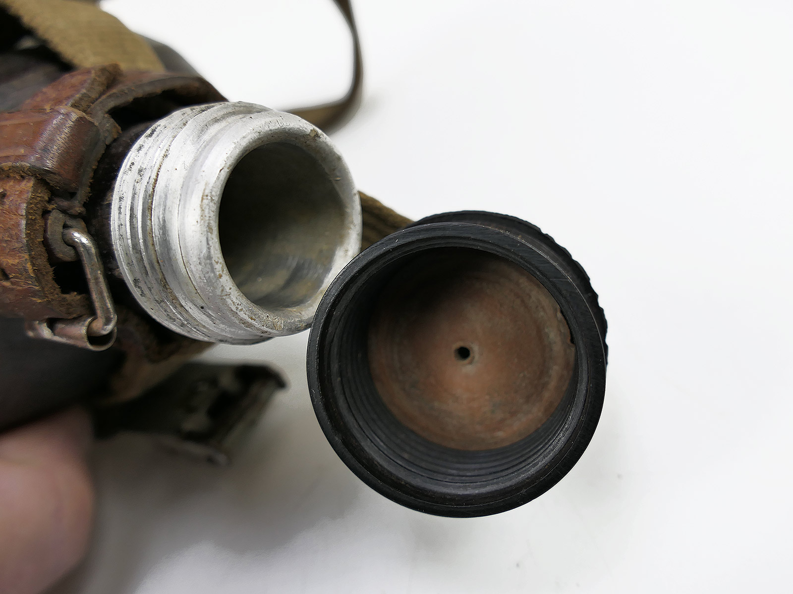 Wehrmacht DAK Afrika Korps coconut-shell field canteen, tropical, H.R.E.42, with cup – COLLECTION, BATTLE-WORN