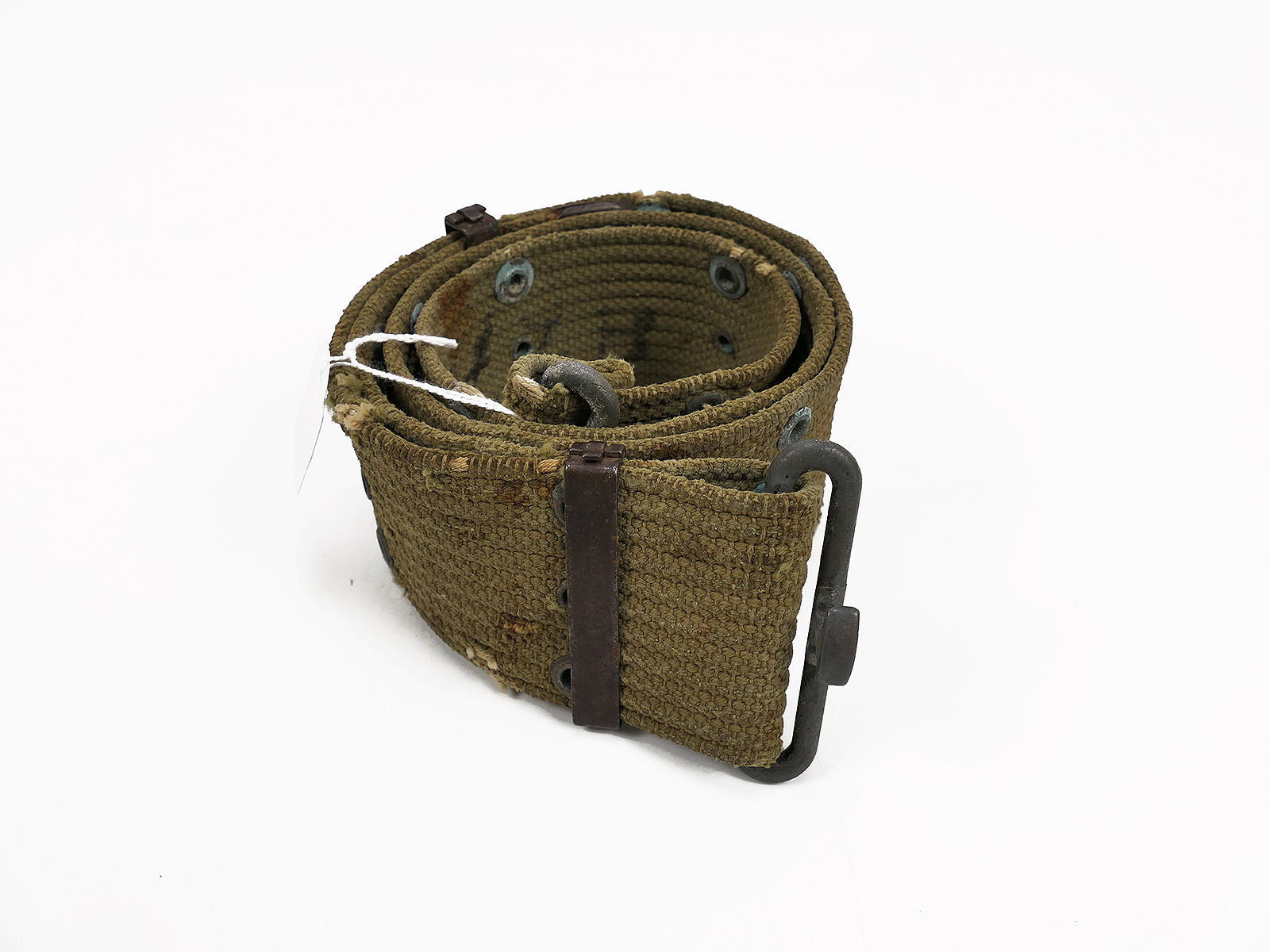Original US Army WW2 Pistol Belt with holes, brass buckle / Personal Number / Battle-worn 