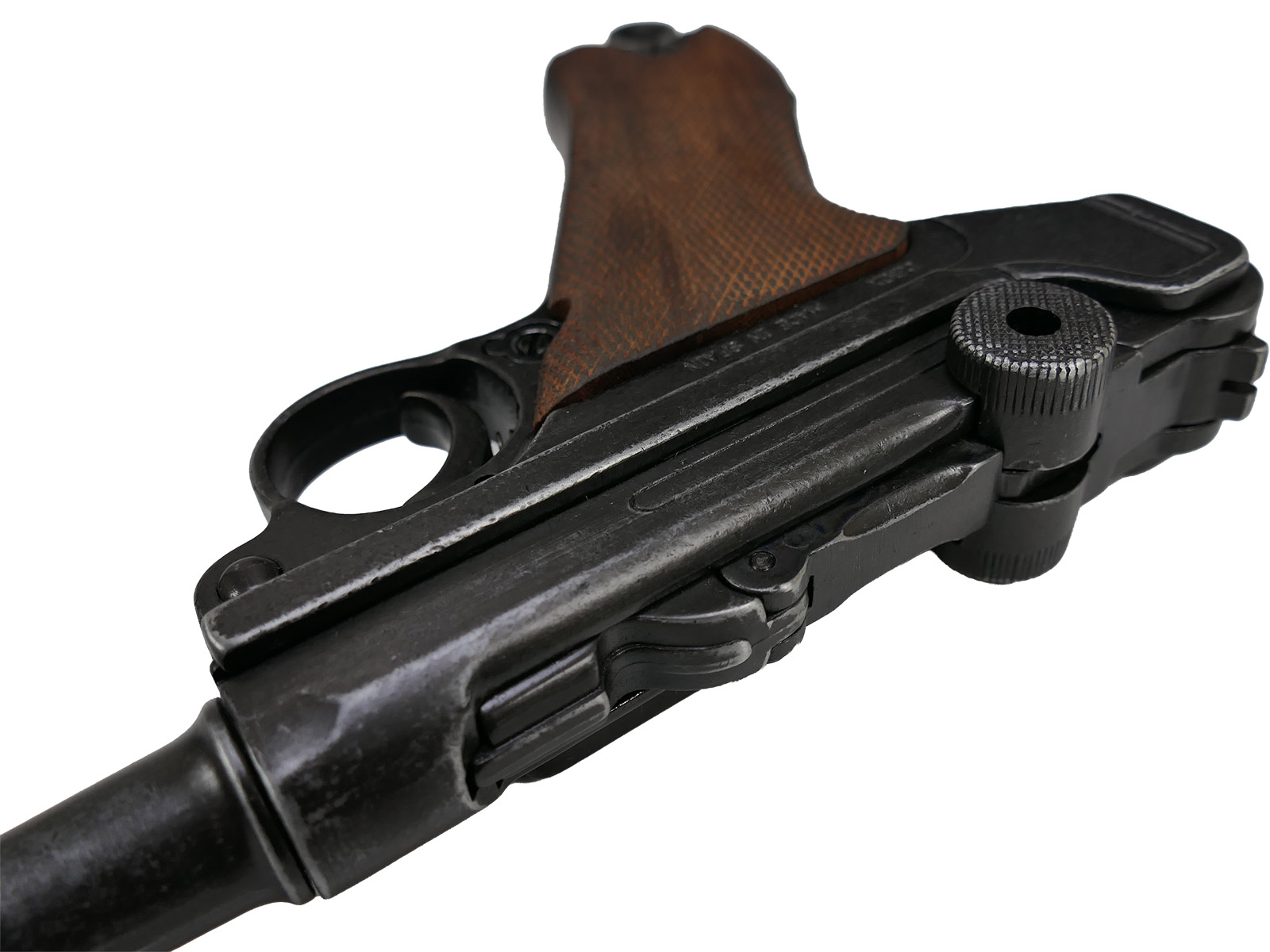 Denix P08 Luger pistol, Germany 1898, brown ‘antique’ grip panels, decorative model, film prop
