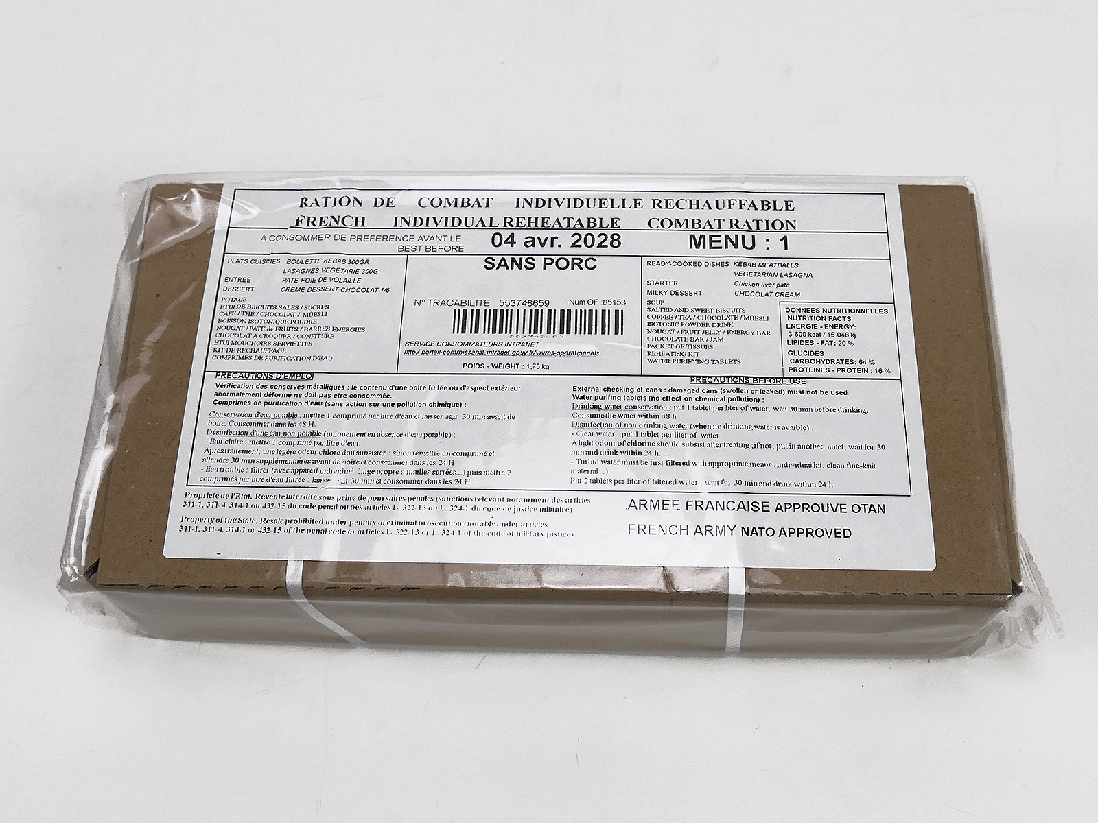 1x French ARMY EPA MRE 1x Combat Ration MEAL BOX Menu "1" Kebab Meatballs / Vegetable Lasagne