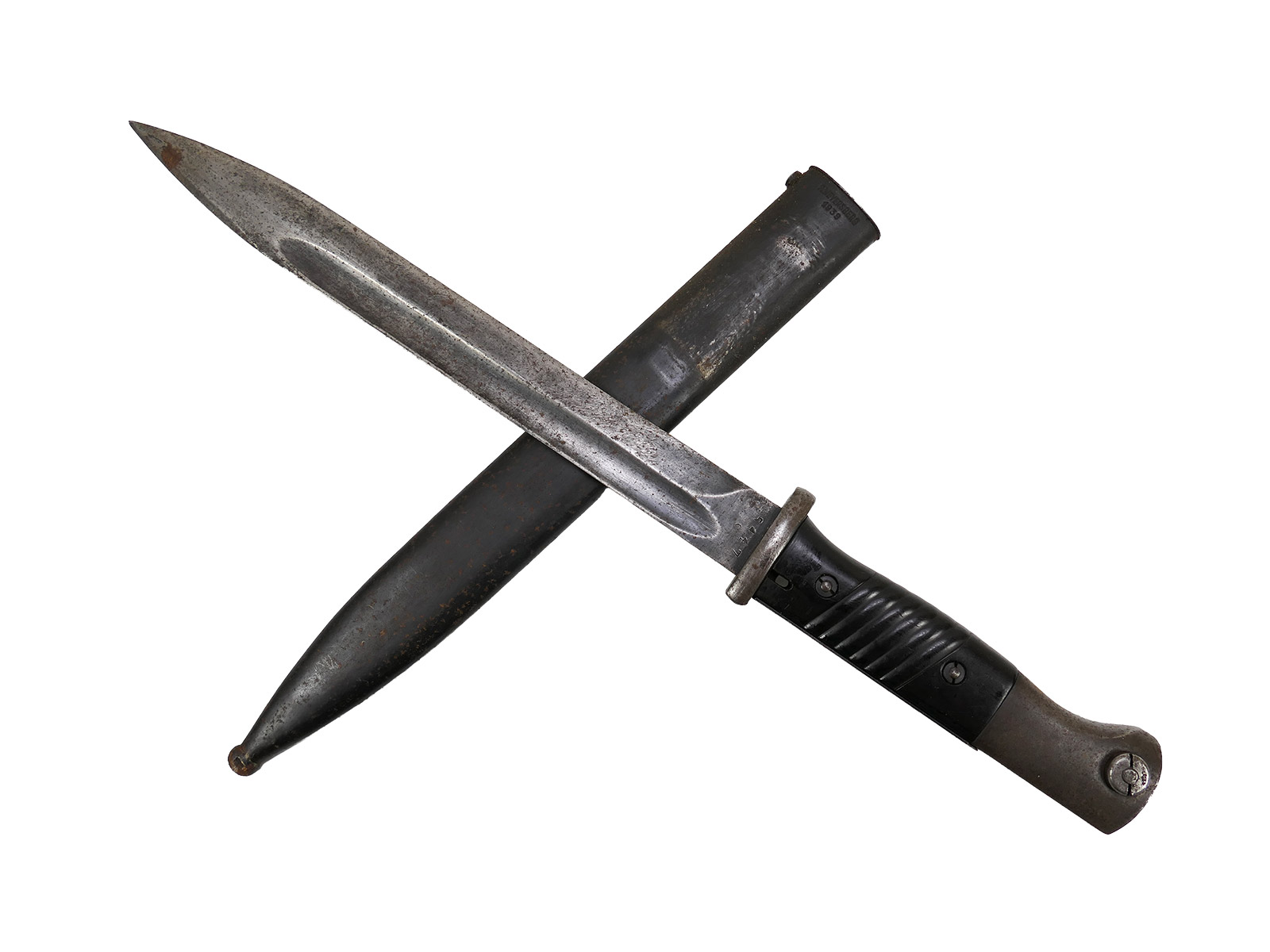 Wehrmacht M84/98 bayonet by Jos Corts, 1940 K98 carbine / fixed bayonet with scabbard, BATTLE-WORN