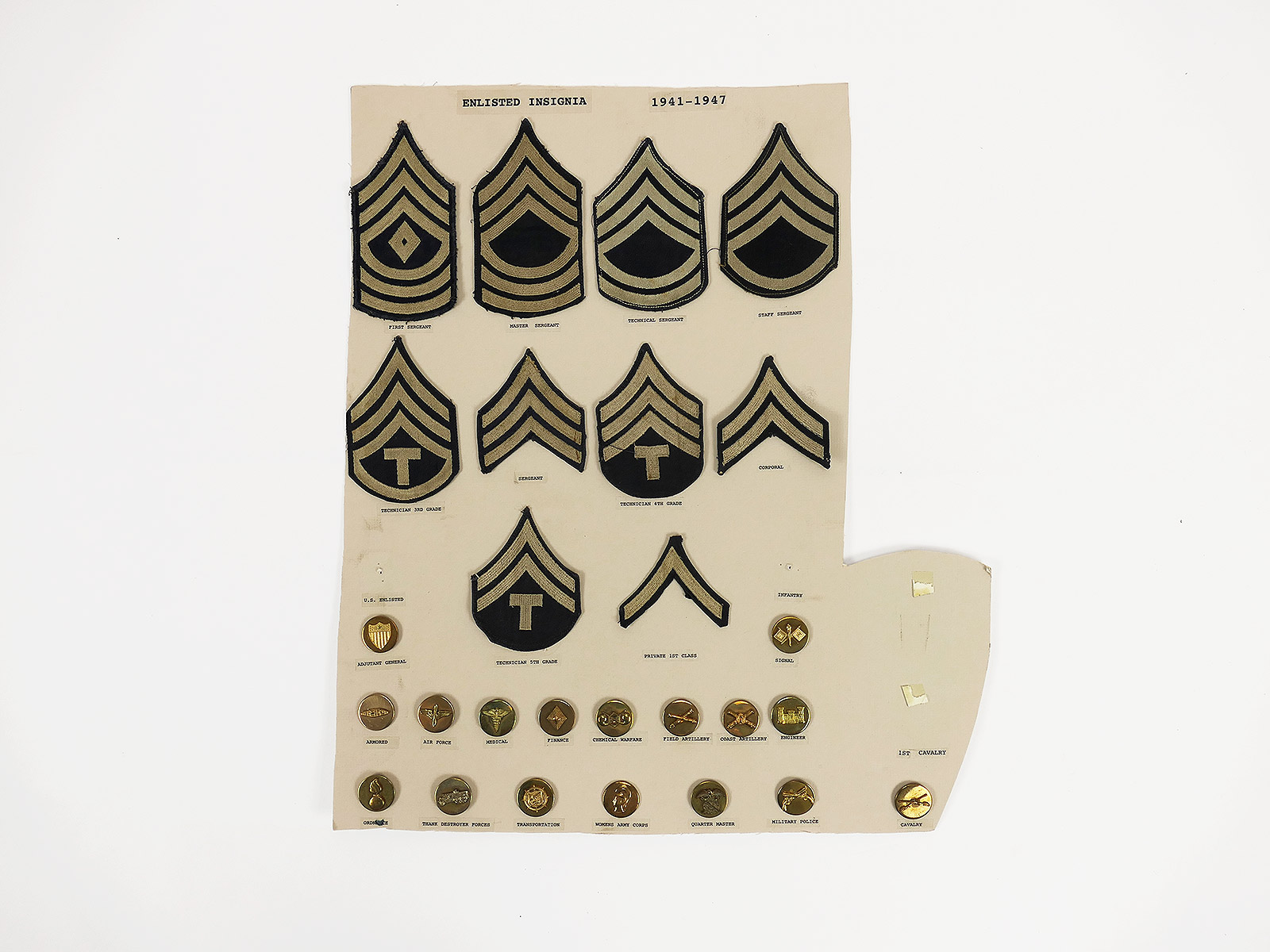 Show Card / Display Board with 27x US ARMY ENLISTED INSIGNIA Badge Patch Rank Collar Disk 1941-1947