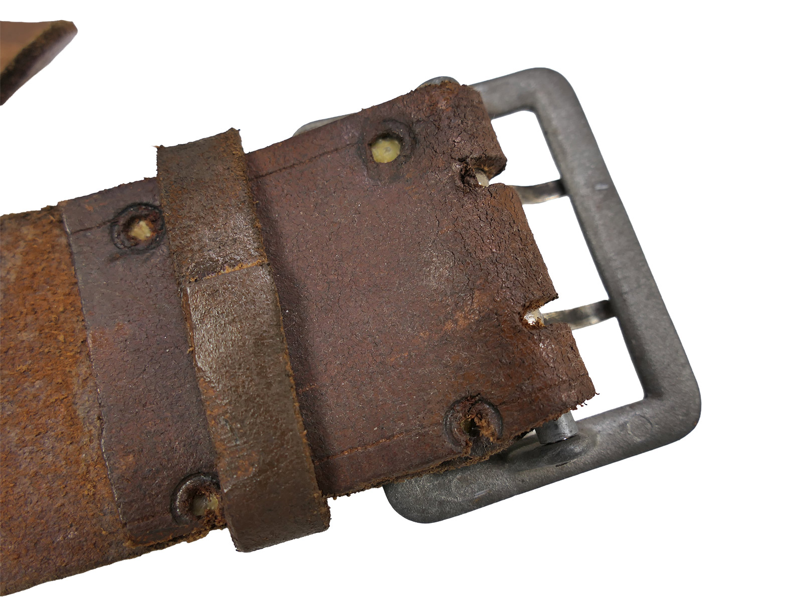 Antique officer’s double-pronged belt, brown, 45mm, leather belt, brown, total length 106cm, BATTLE WORN