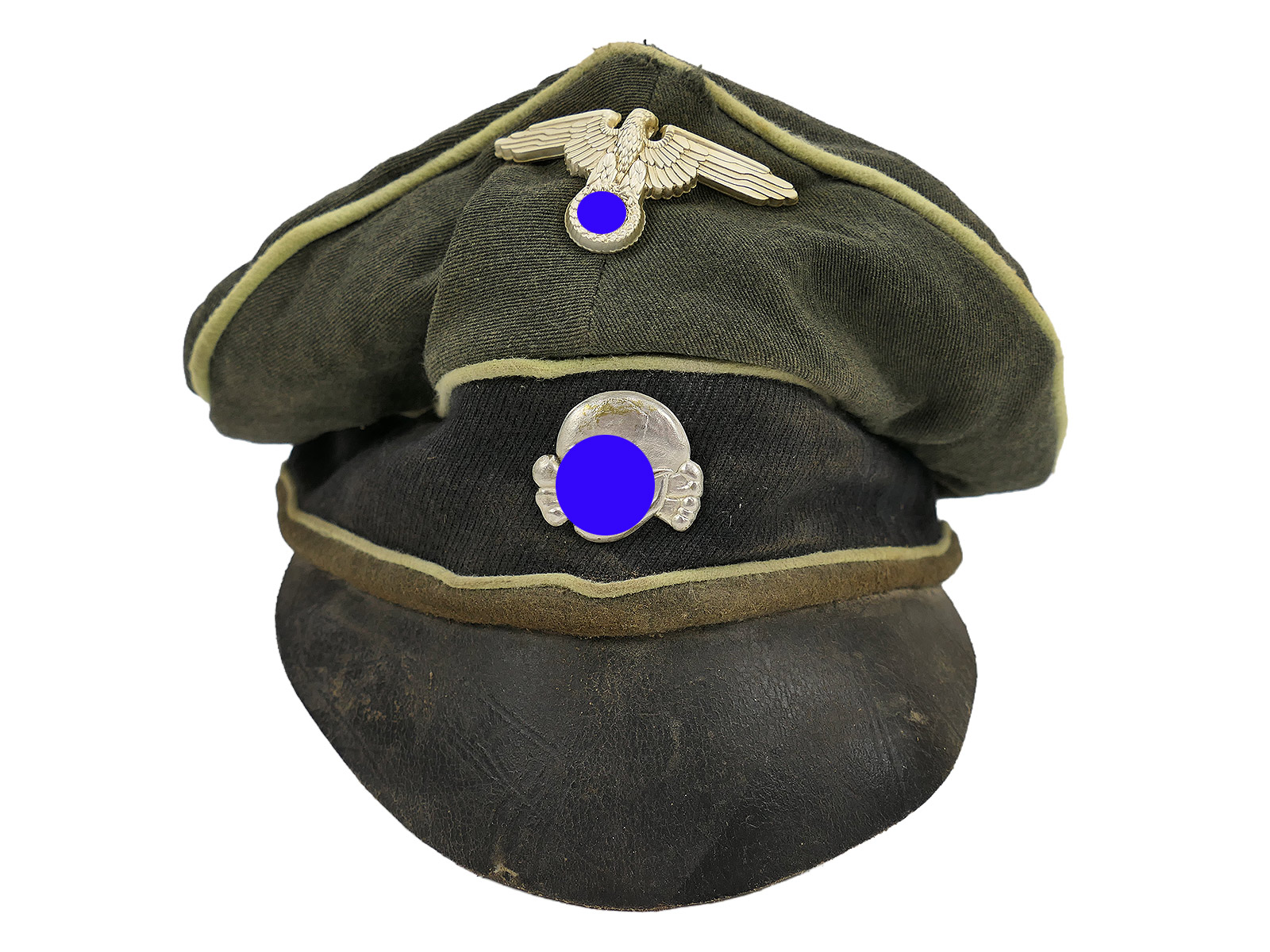 Waffen SS infantry cap ‘Crusher’ with metal detailing, knapsack, flat cap – BATTLE WORN