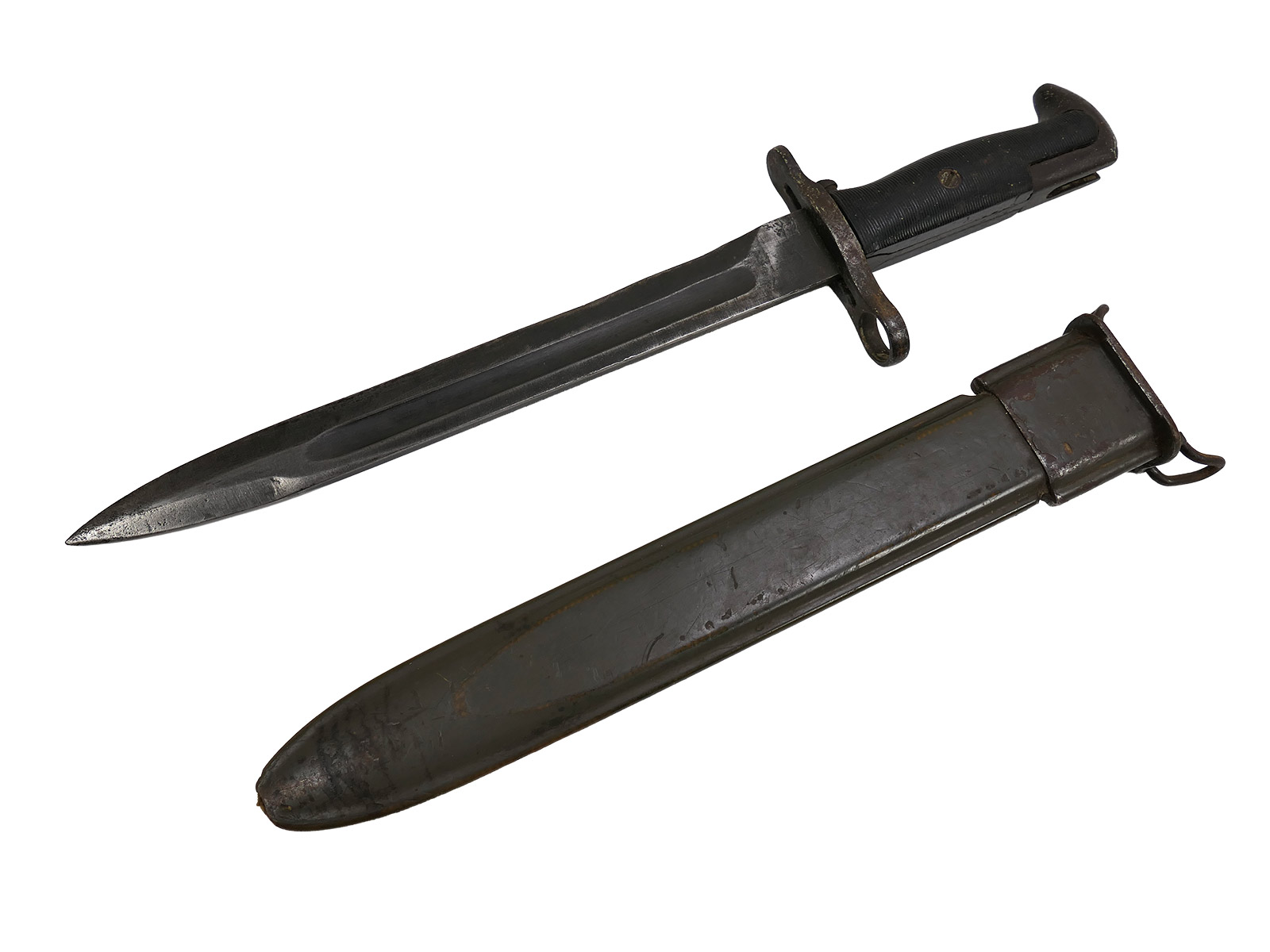 US Army WW2 M1 bayonet in scabbard for the M1 Garand carbine / Collection: BATTLE WORN