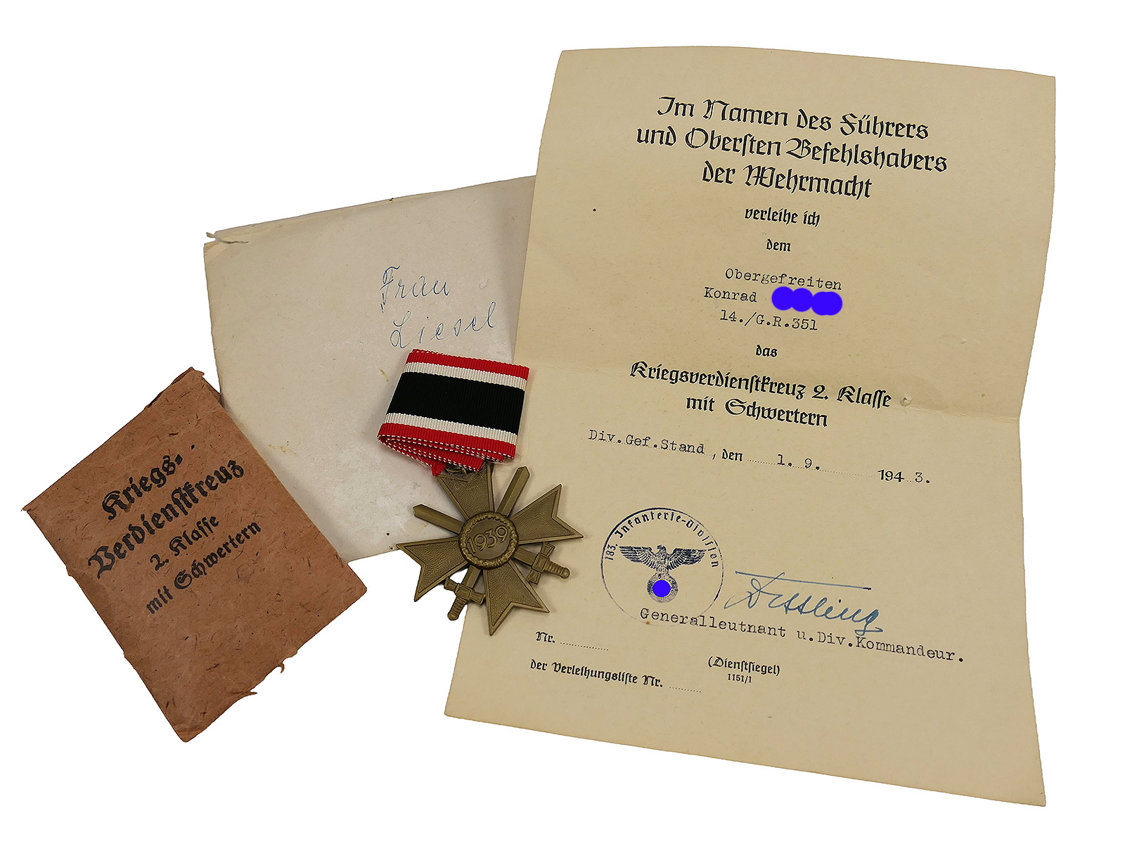 Small estate lot: Original War Merit Cross, 2nd Class with Swords (KVK 1939), with ribbon / pouch + certificate