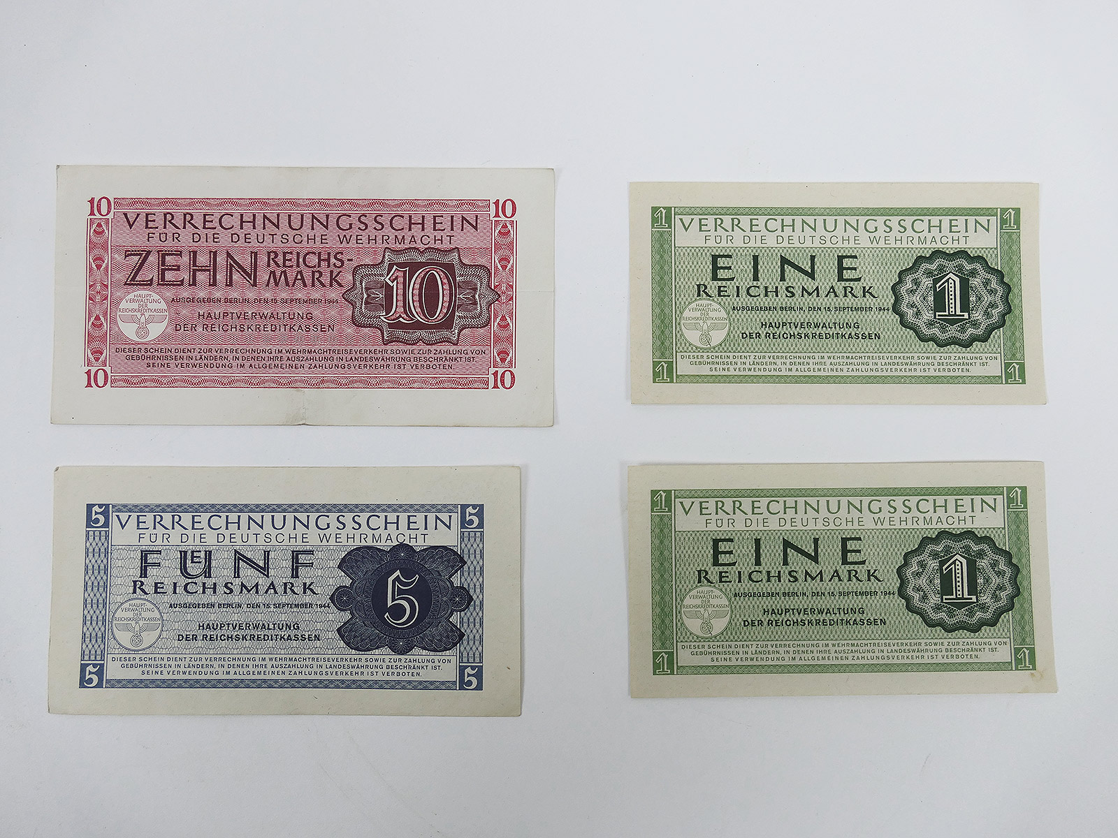 P1401979 Original 4x settlement slip one five ten Reichsmark for the German Wehrmacht