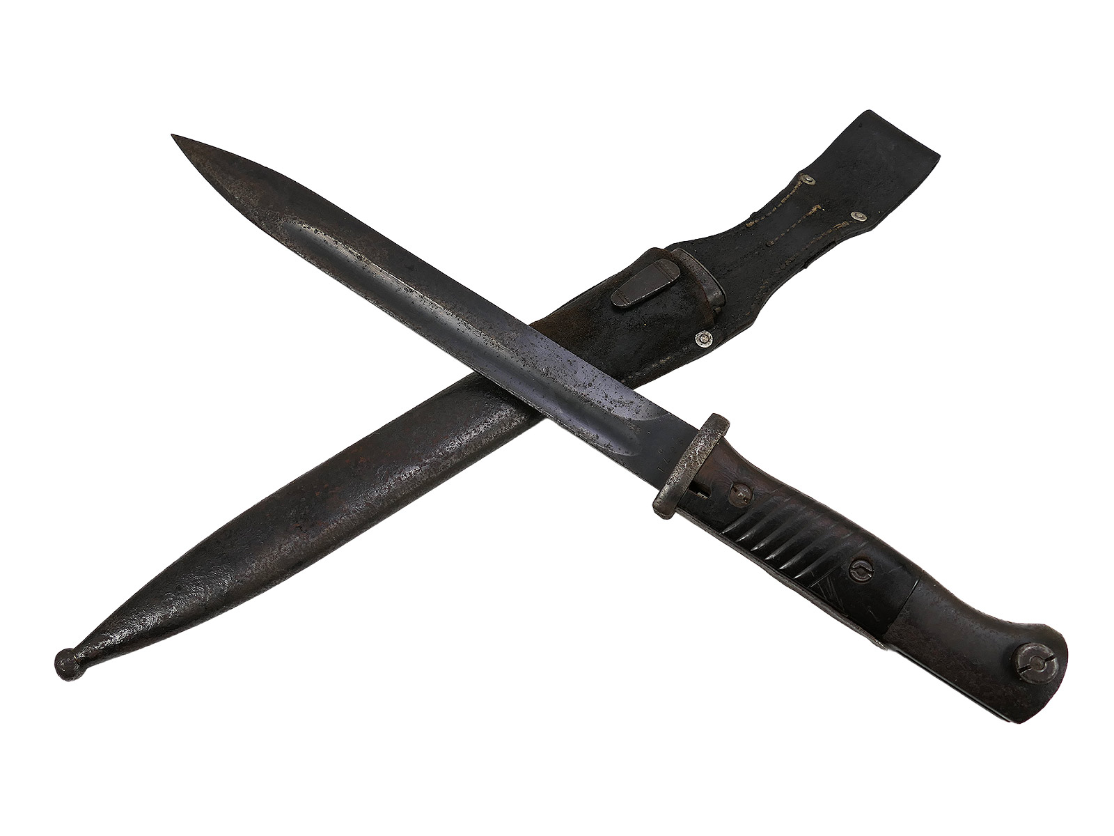 SET: Wehrmacht M84/98 Corts bayonet, 1940, K98 carbine / sidearm with scabbard + belt loop – BATTLE-WORN 