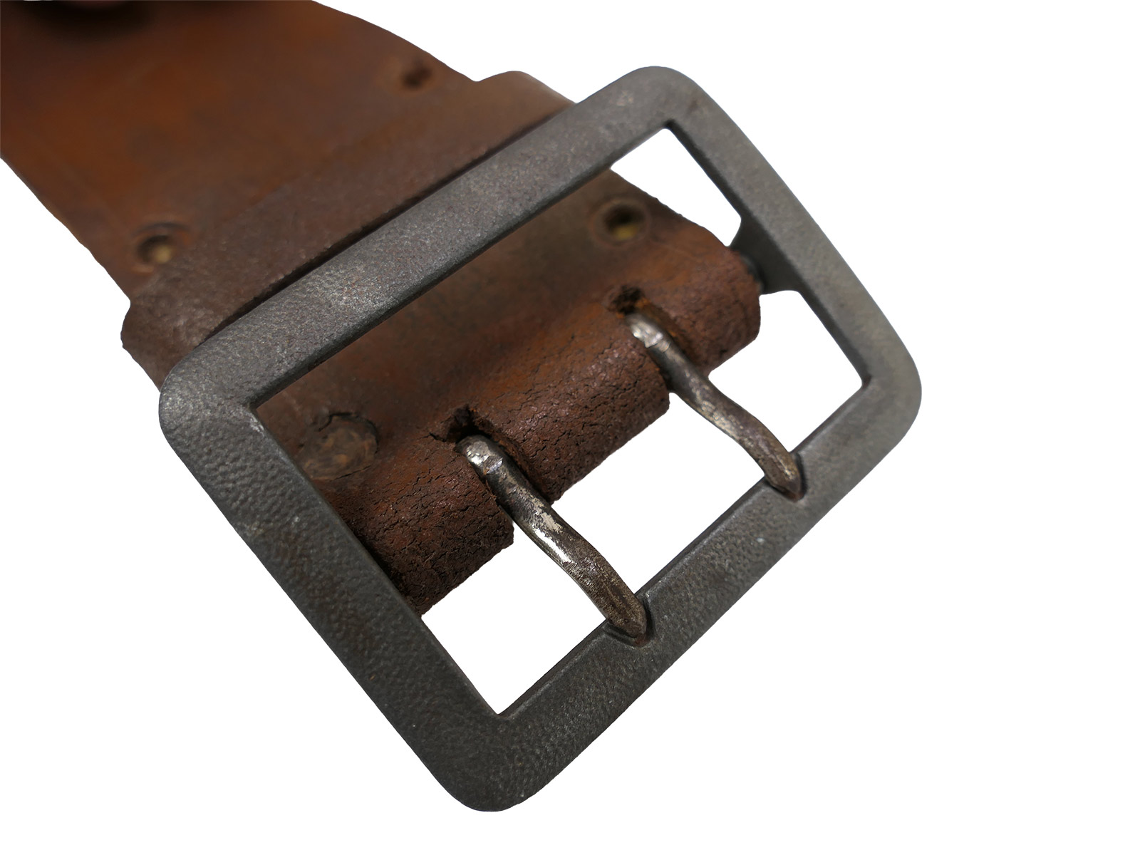 Antique officer’s double-pronged belt, brown, 45mm, leather belt, brown, total length 106cm, BATTLE WORN