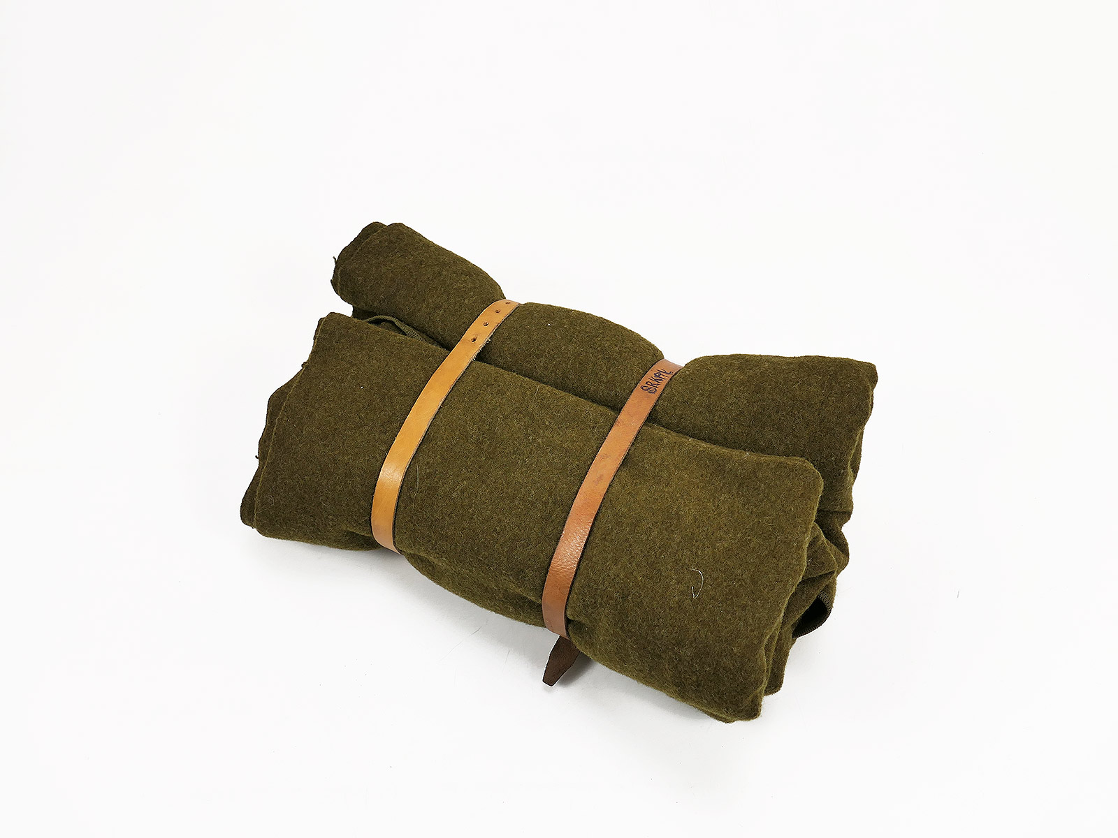 Single piece US Army Wool virgin Blanket Olive Drab Aesculab US wool blanket 1951 with 2 leather straps (#1)