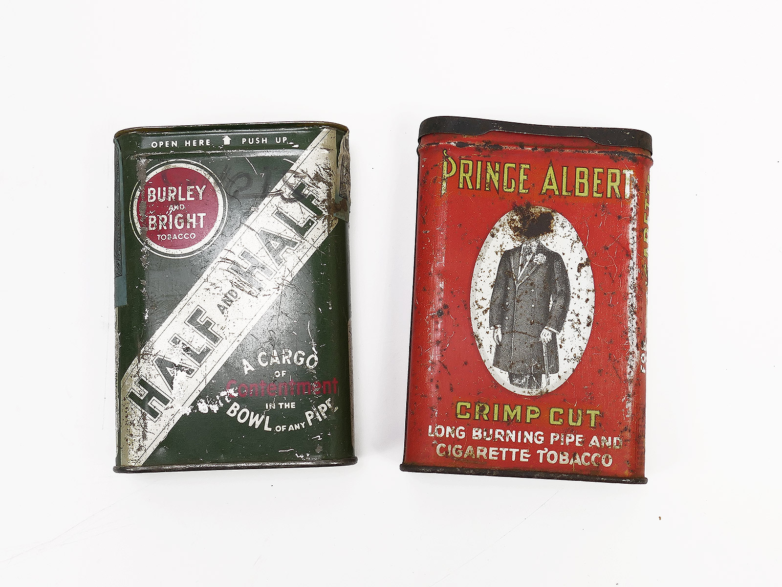 2x tin can for 50g pack of tobacco / Prince Albert Crimp Cut / Burley & Bright pipes and cigarettes tobacco smoking goods GI