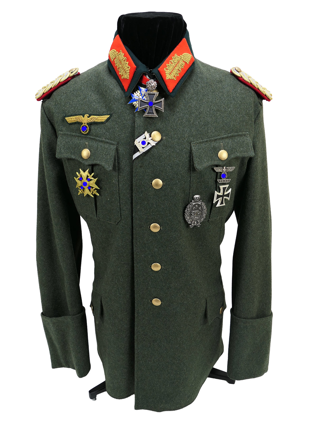 Wehrmacht M36 uniform field tunic, General’s Grade 54, with Knight’s Cross of the Pour le Mérite and the Spain Cross, worn