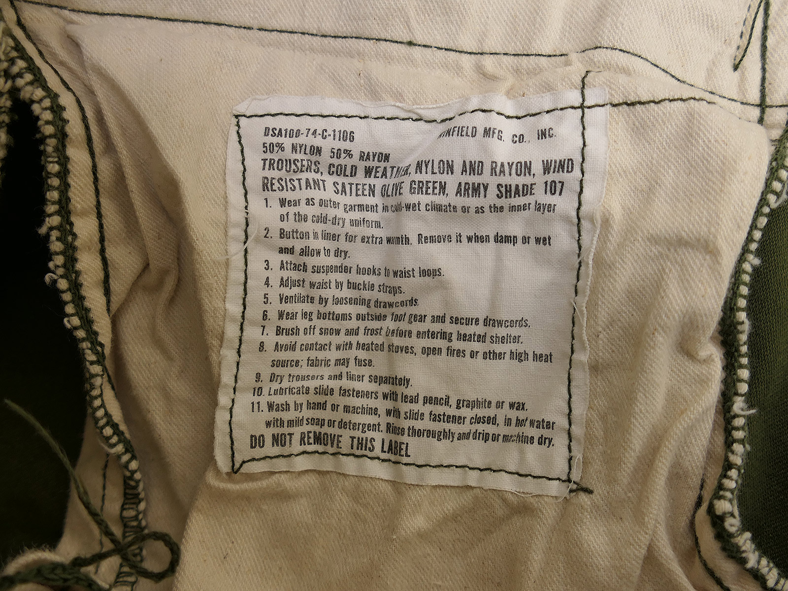 One-off vintage original US Army M-1965 Field Trousers (Cold Weather) – size MEDIUM, dated 1974