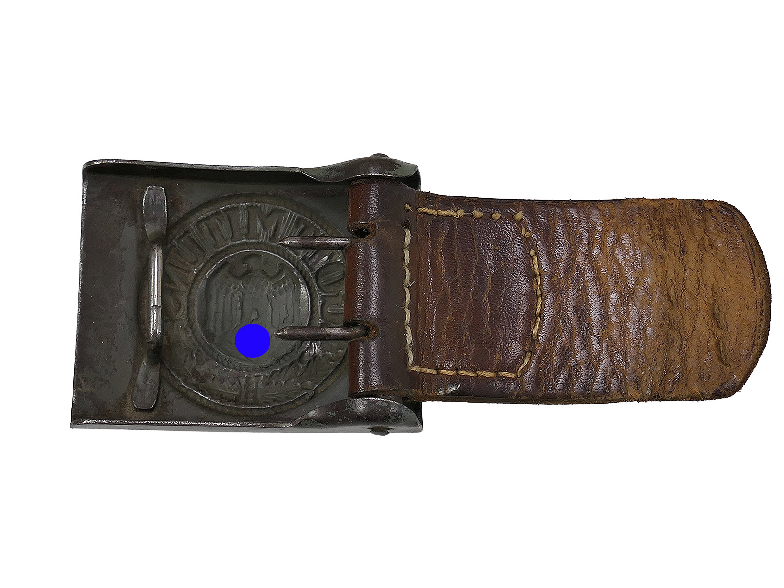 Wehrmacht belt buckle by C.W. Motz, 1941, Brandenburg/Havel, with leather tongue – COLLECTION BATTLE WORN