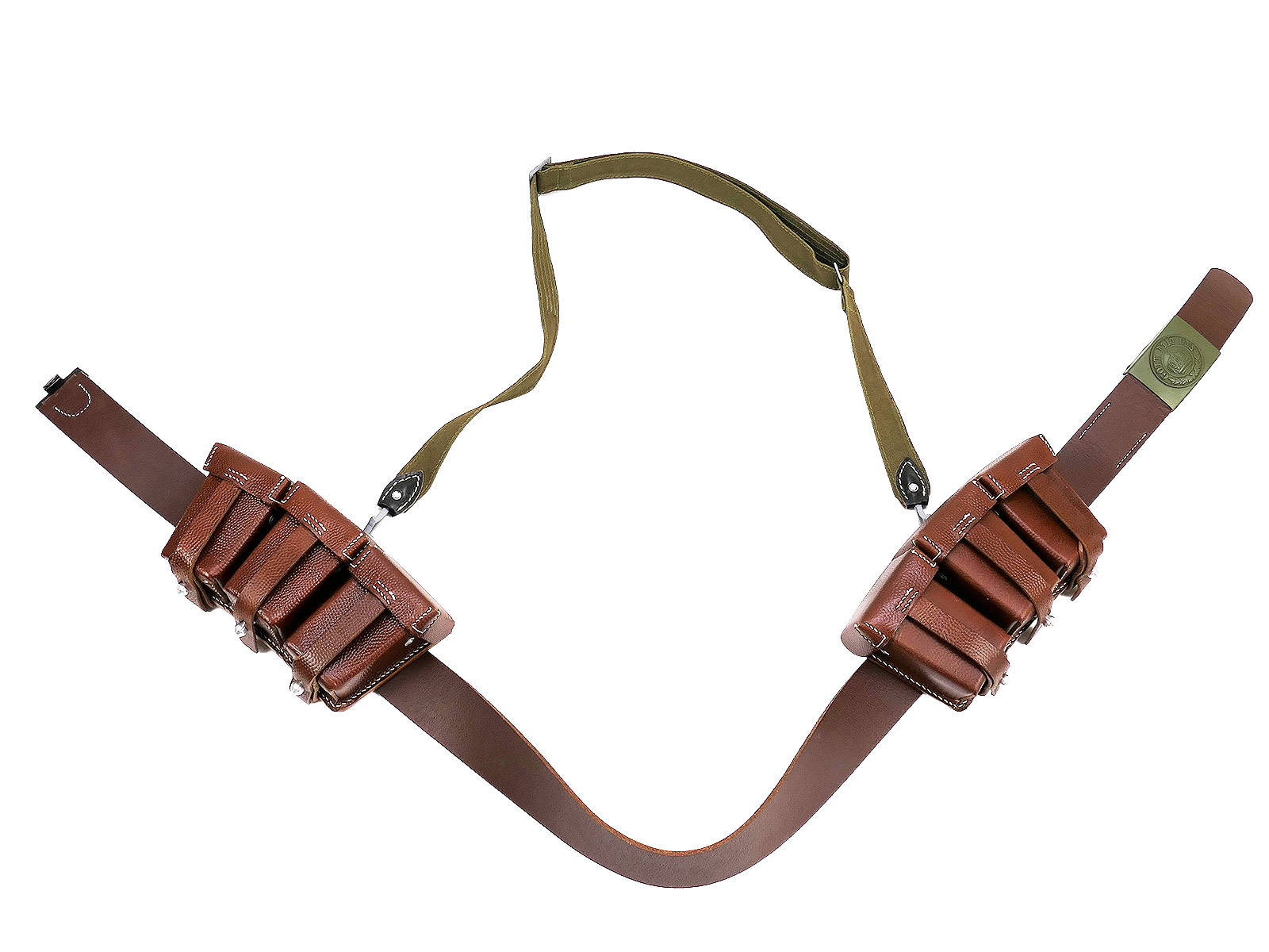 WK1 Belt Set, Brown – 135 cm belt, Prussian-style belt buckle, 2 leather cartridge pouches + carrying strap