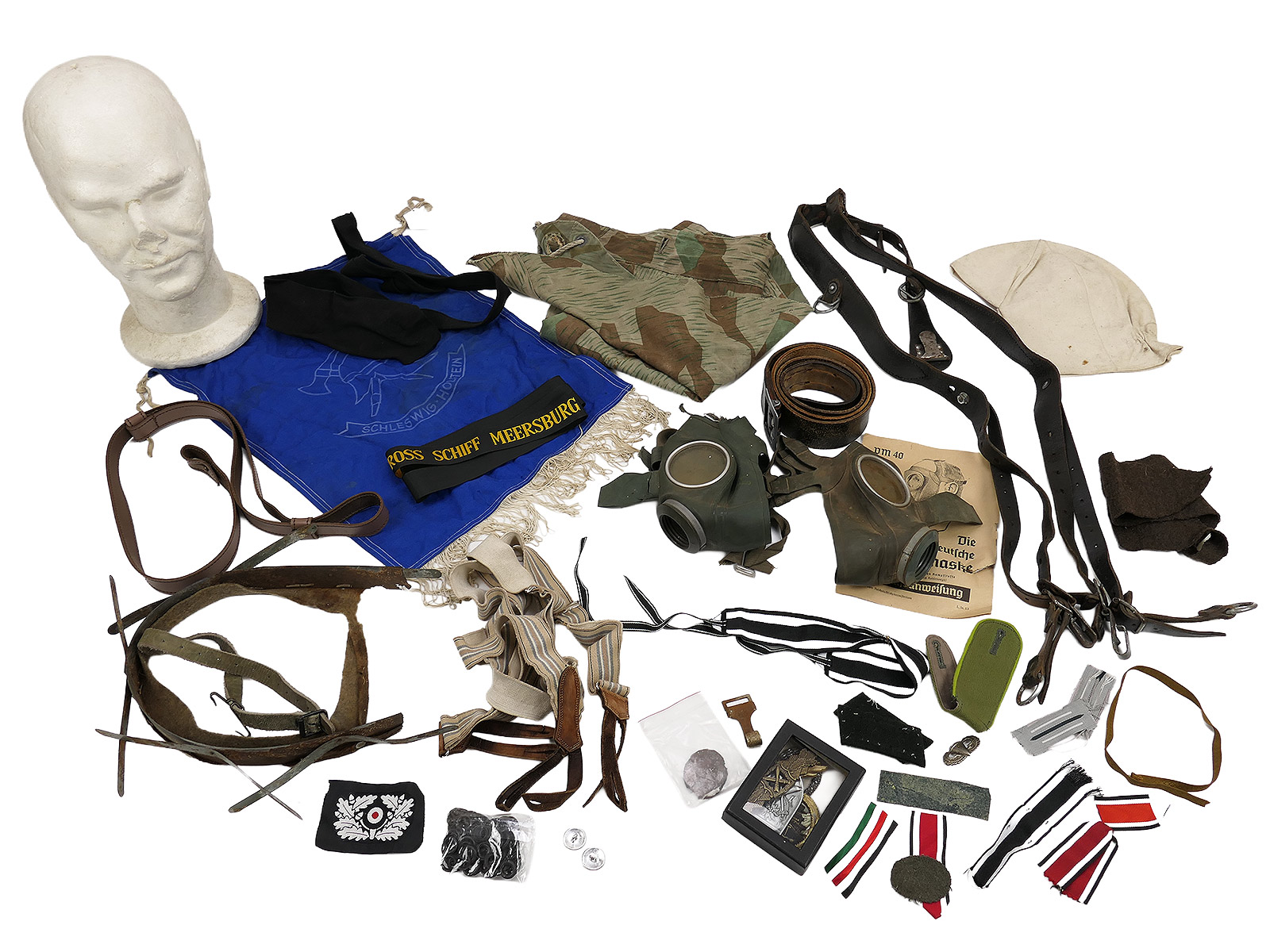 Militaria assortment: medals, spare parts, Y-straps, gas masks, tent fabric, ribbons, belt buckles, etc. VIEW