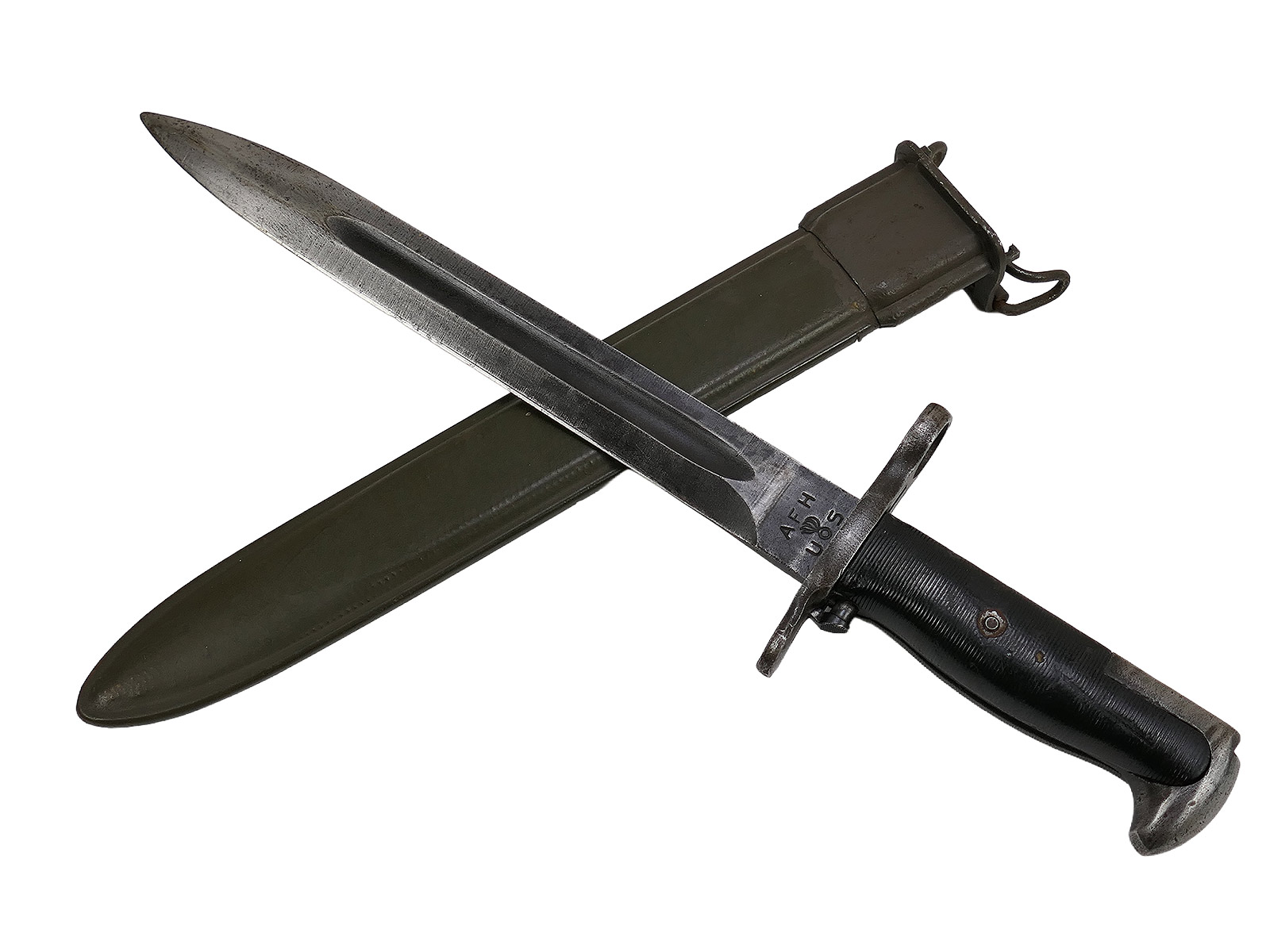 US Army WW2 M1 bayonet in scabbard for M1 Garand carbine / Collection: BATTLE-WORN NORMANDY
