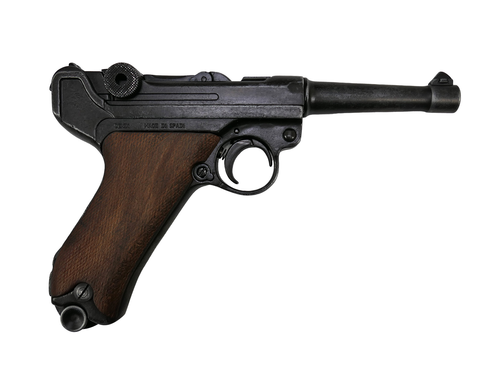 Denix P08 Luger pistol, Germany 1898, brown ‘antique’ grip panels, decorative model, film prop