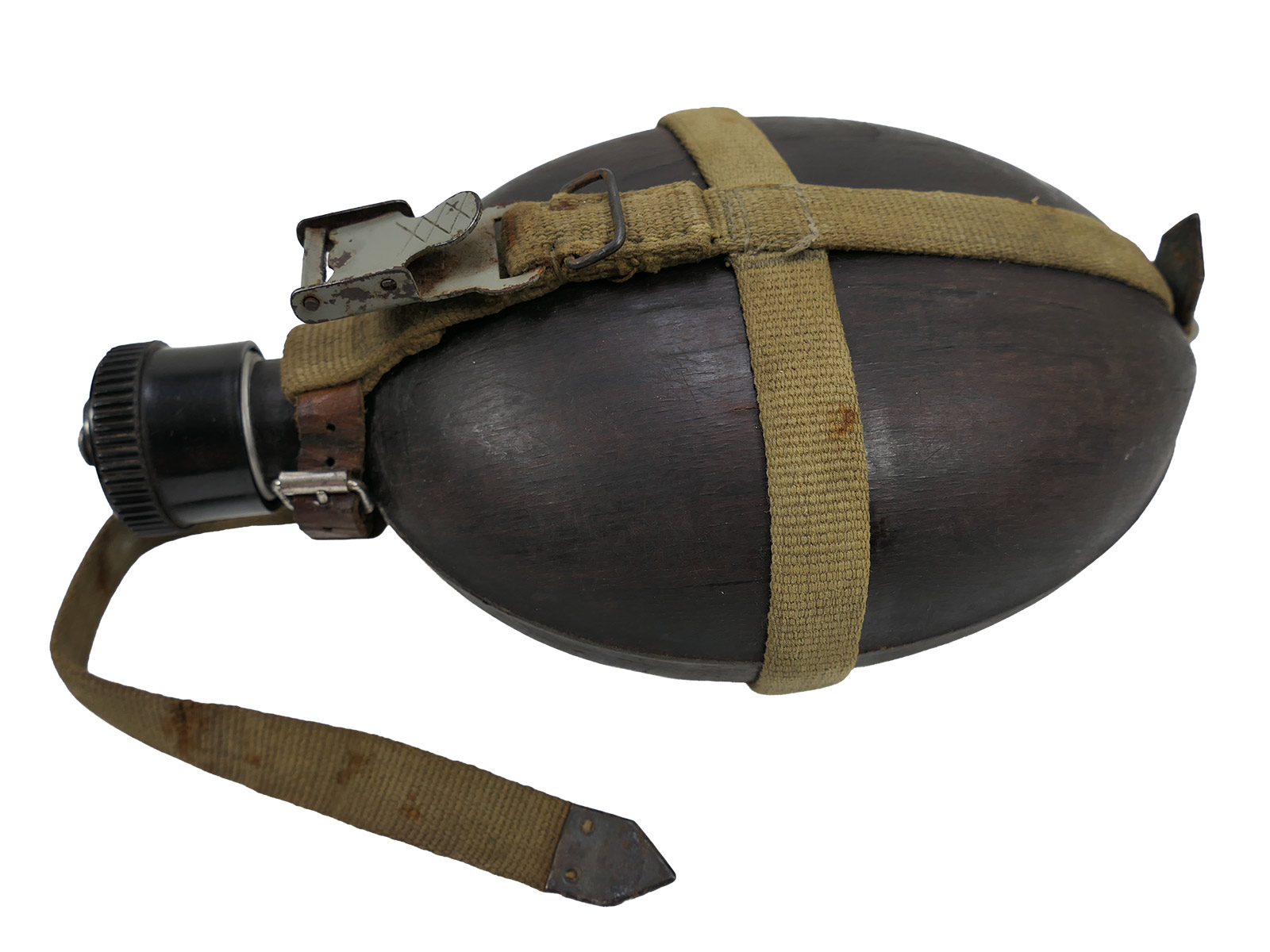 Wehrmacht DAK Afrika Korps coconut-shell field canteen, tropical, H.R.E.42, with cup – COLLECTION, BATTLE-WORN