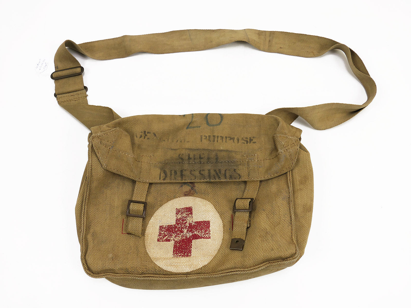 British Army WW2 Webbing Medical Bag, Medic’s Bag, 1943, with carrying strap / Collection: BATTLE WORN
