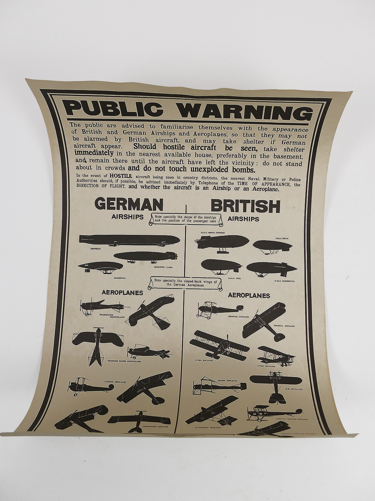 Public Warning German & British Airships 1915 poster with British and German aircraft