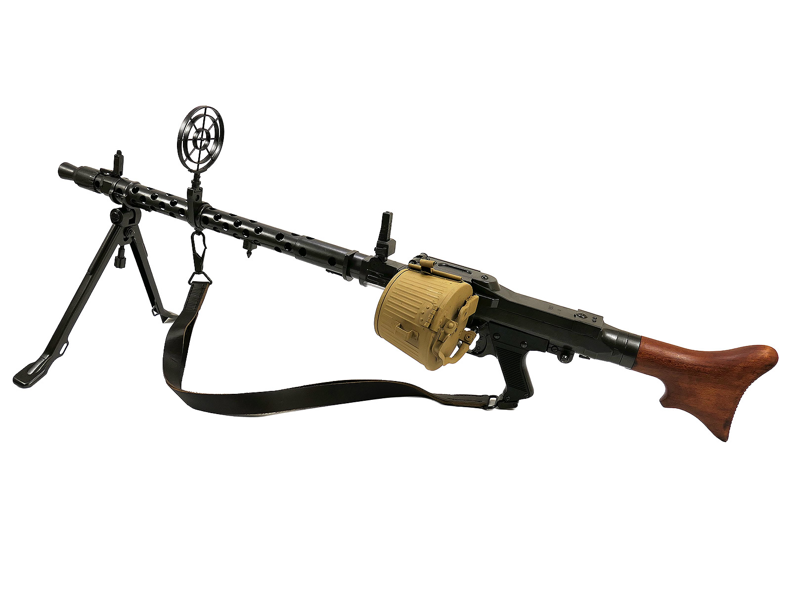Denix VARIANTE MG34 machine gun decorative metal/wood model with aviator-style circular front sight and modified belt drum