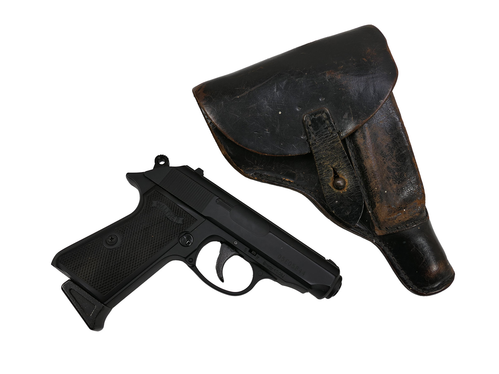 Police pistol holster for 7.65 calibre PPK short pistol with 6mm blowback pistol; holster is full but non-functional
