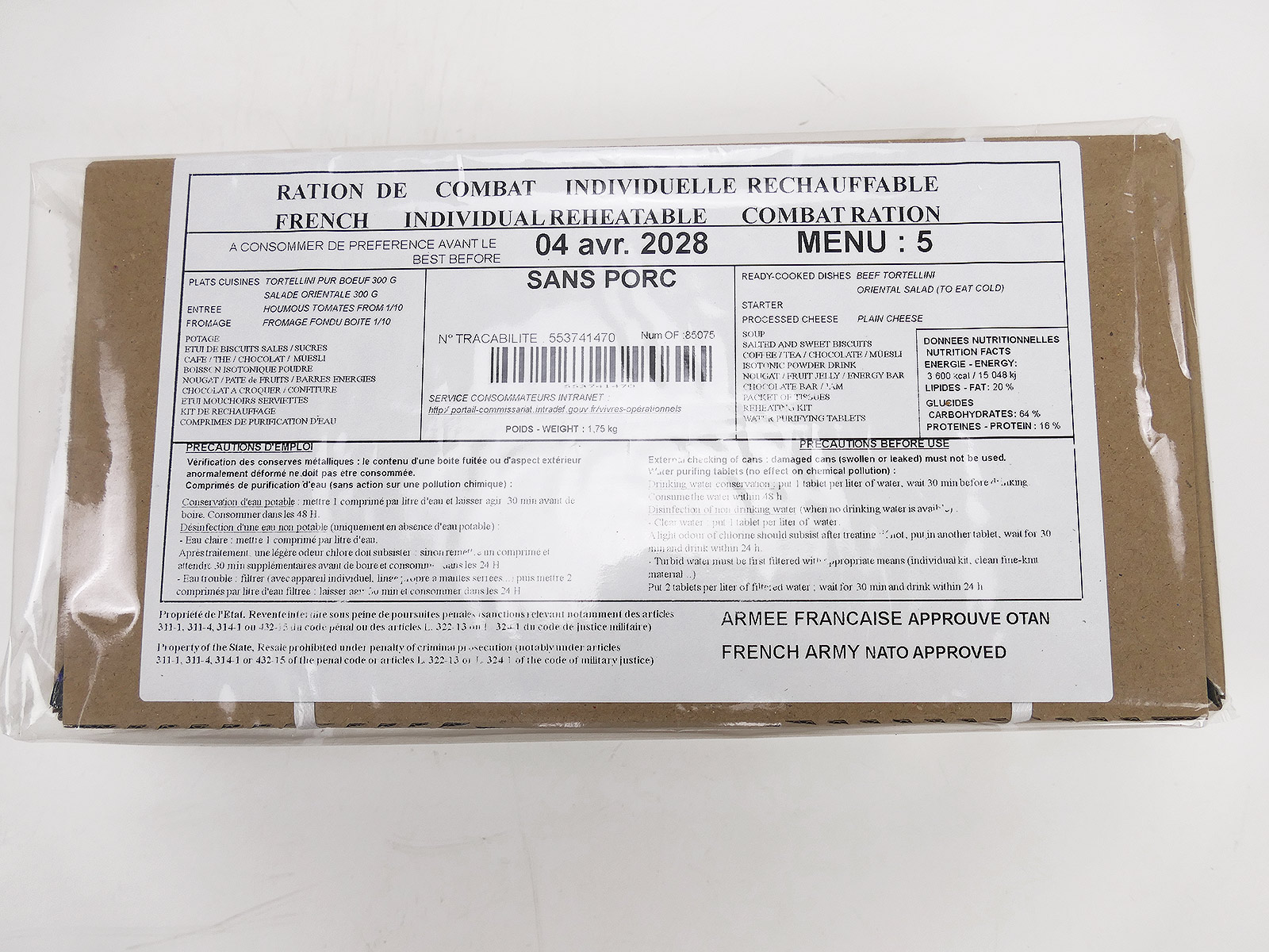 1x French ARMY EPA MRE 1x Combat Ration MEAL BOX Menu "5" Beef Tortellini / Oriental Salad 24h